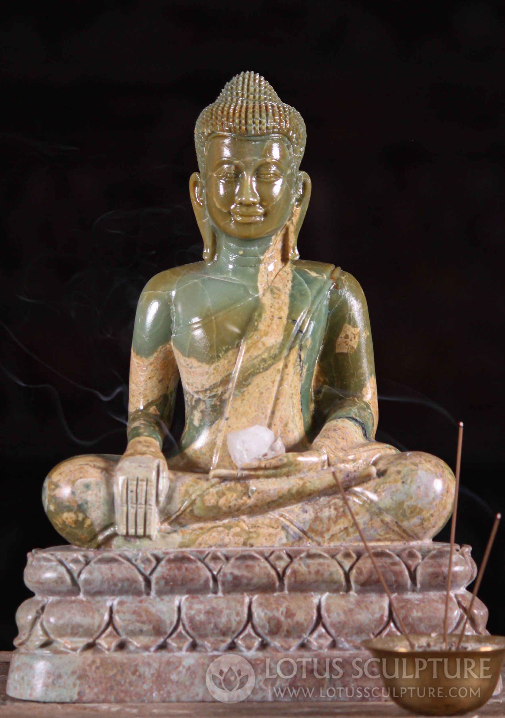 Green Marble Earth Touching Buddha on Lotus Base Sculpture 12.5