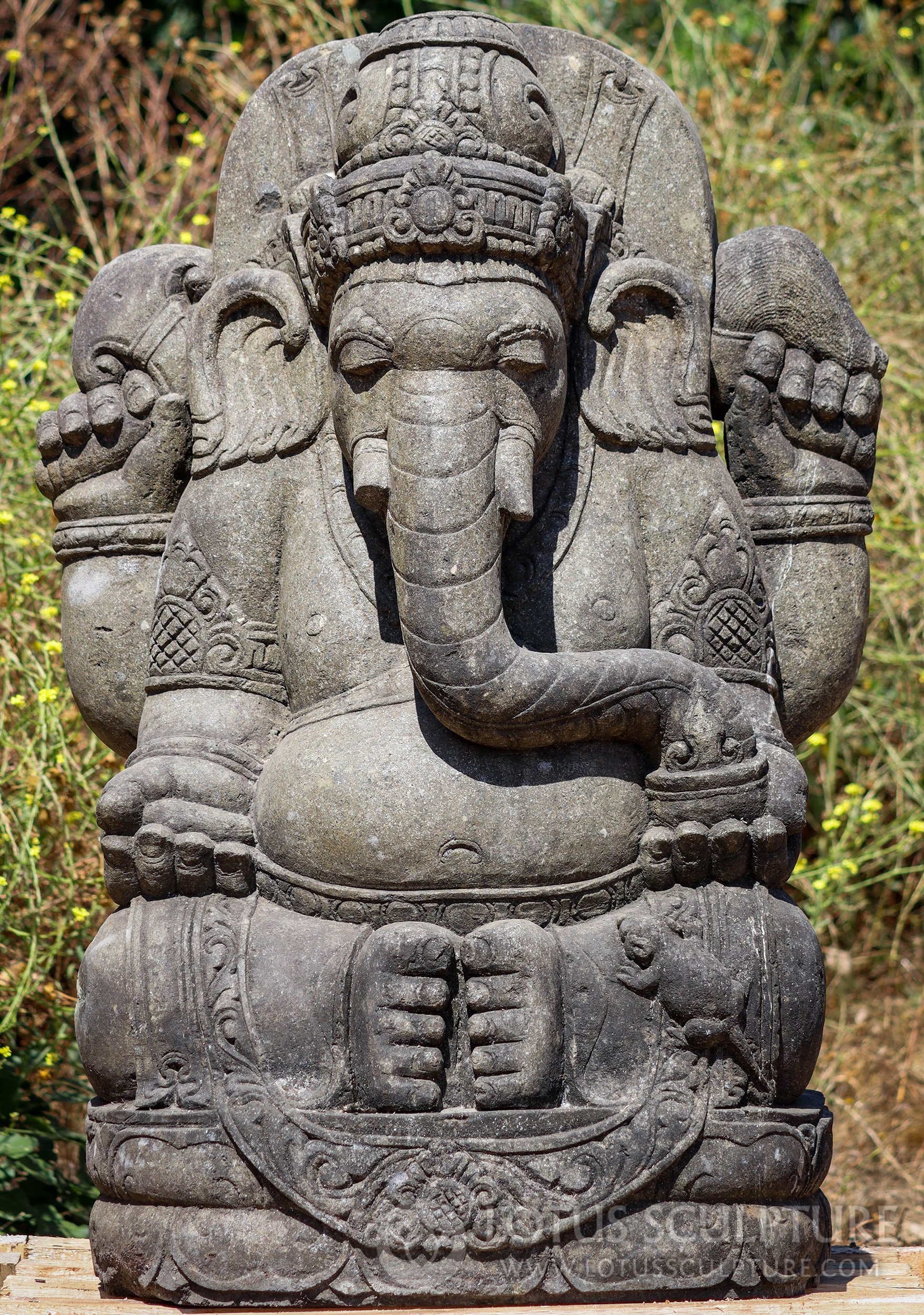 Lava Stone Seated Mahakala Garden Ganesh With Trunk in Hand Sculpture 41"