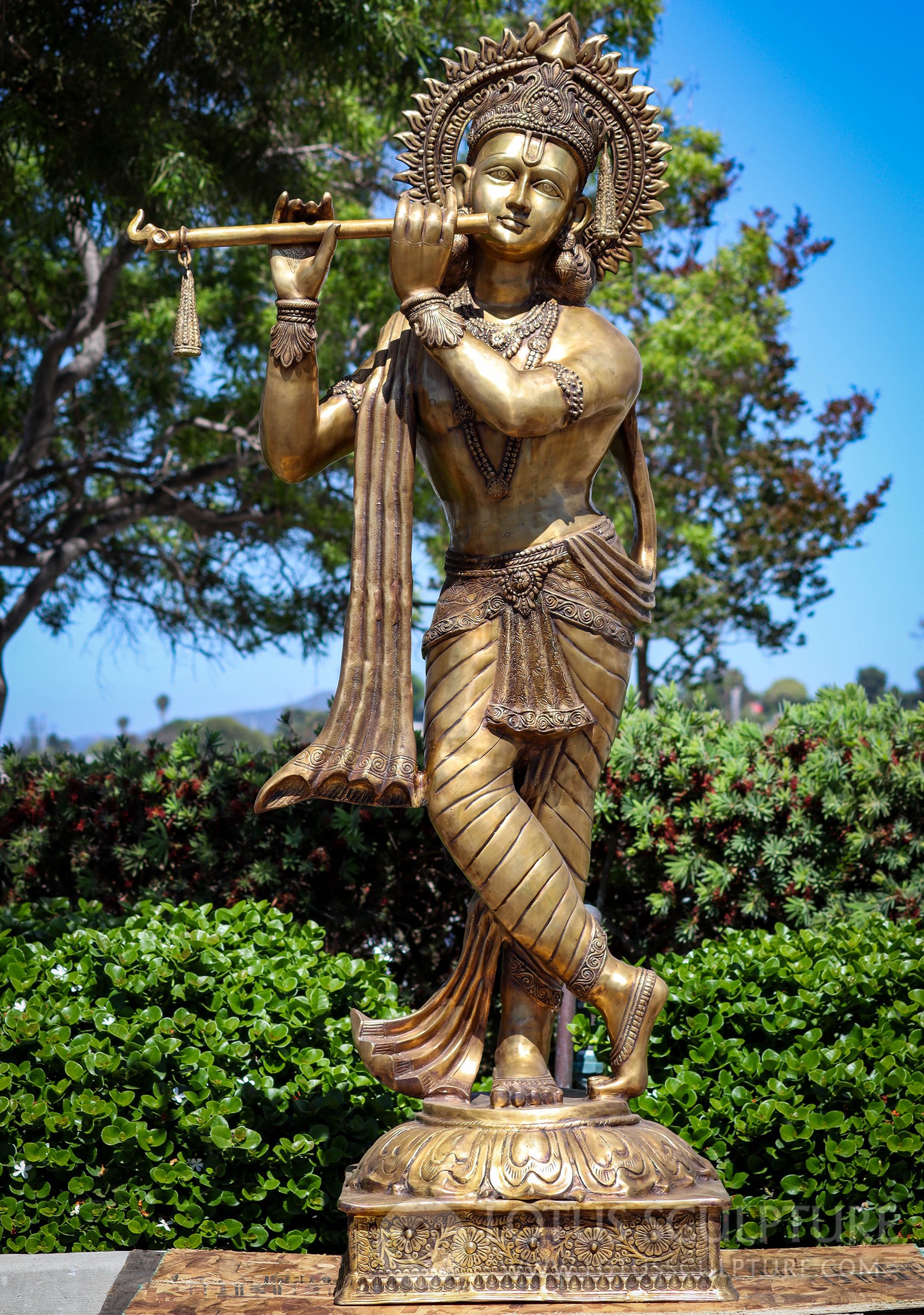 Life-Size Golden Brass Standing Hindu God Krishna Statue with