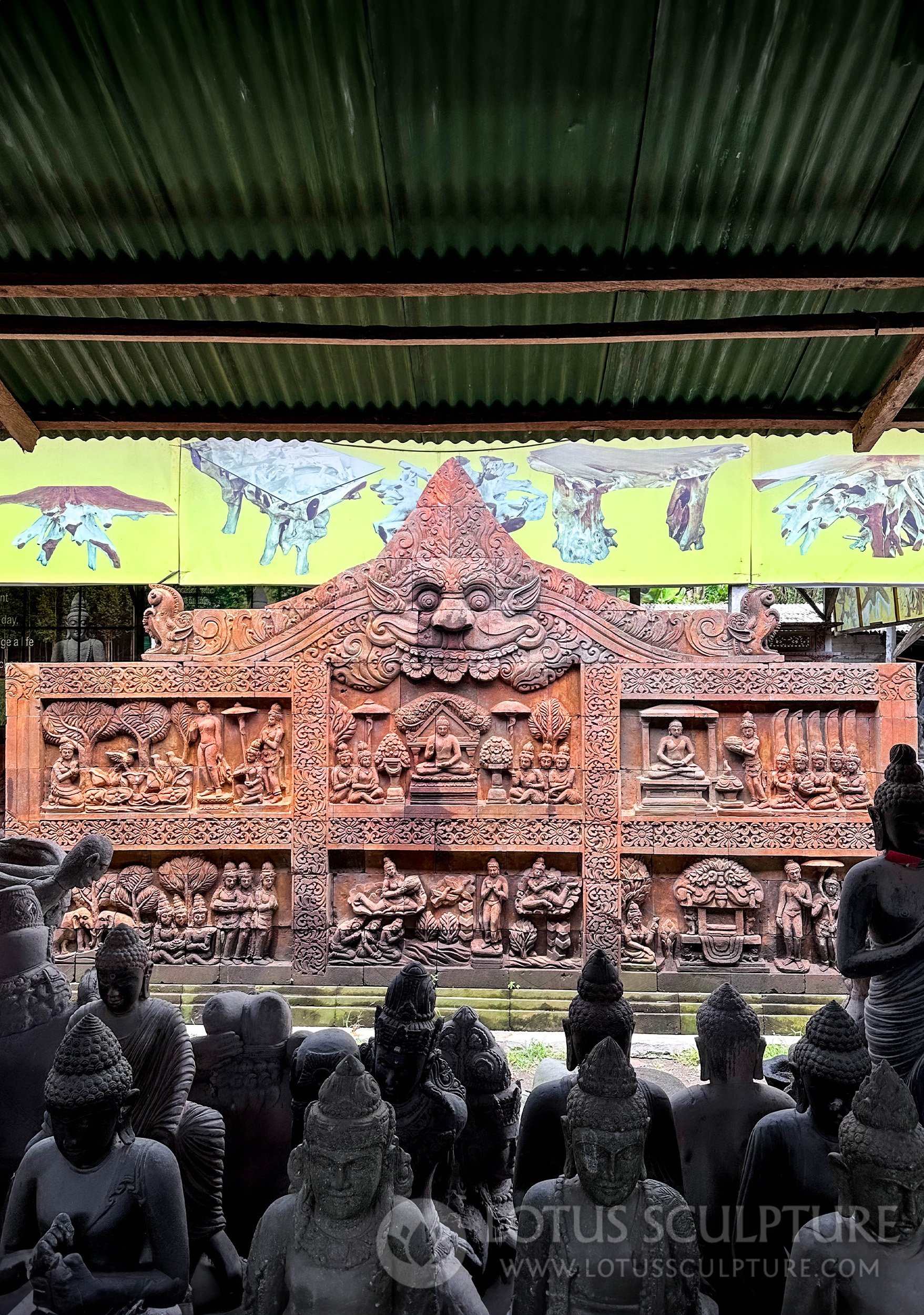 Impressive Large Wall Panel of 6 Scenes of Buddha's Life Hand Carved in 108 Stone Blocks 16.5'