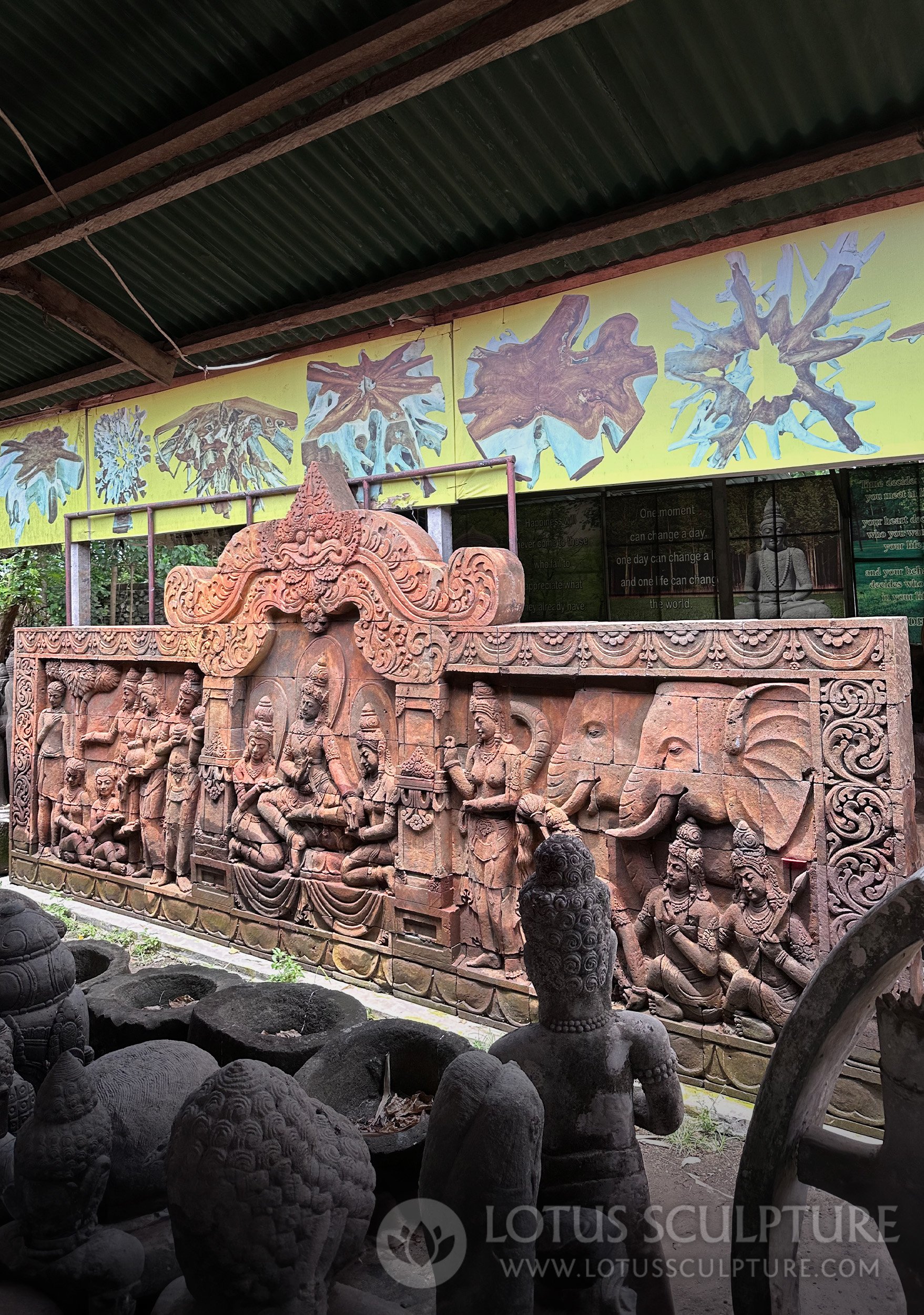 Massive Wall Panel Depicting Lord Vishnu with Devotees & Elephants Carved in 108 Stone Blocks 16.5'