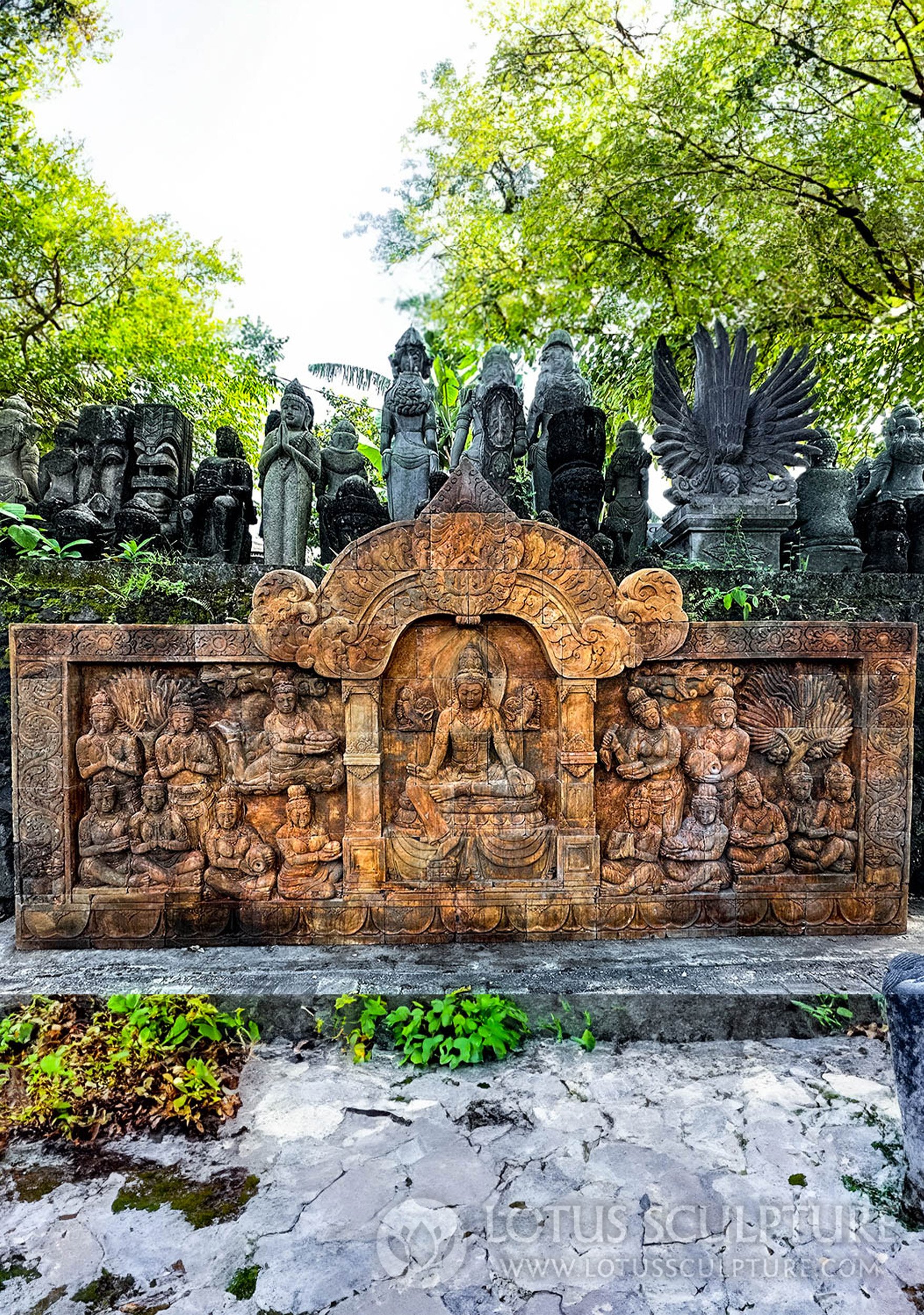 Custom Wall Stone Panel of Avalokiteshvara with Apsaras & Devotees Carved from 108 Blocks 16.5'