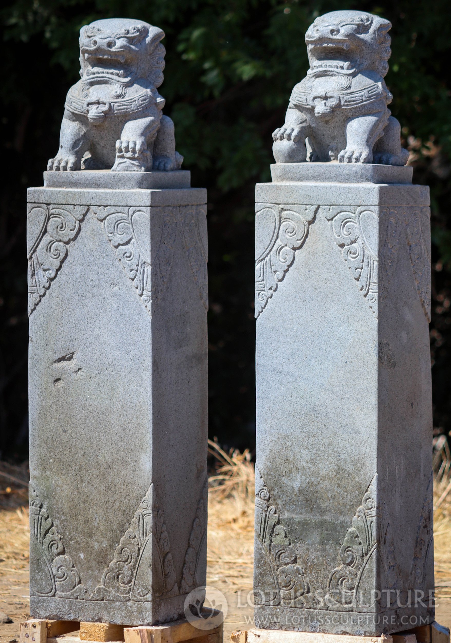 Hand Carved Stone Column Foo Dog Statues Perfect for Home Entrance 45"