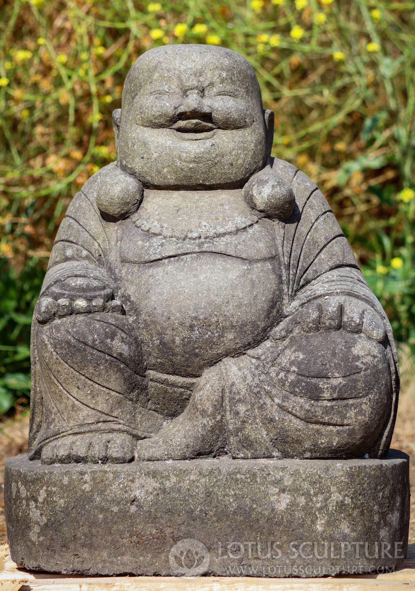 Lava Stone Seated Fat & Happy Laughing Lucky Garden Buddha Sculpture 24"