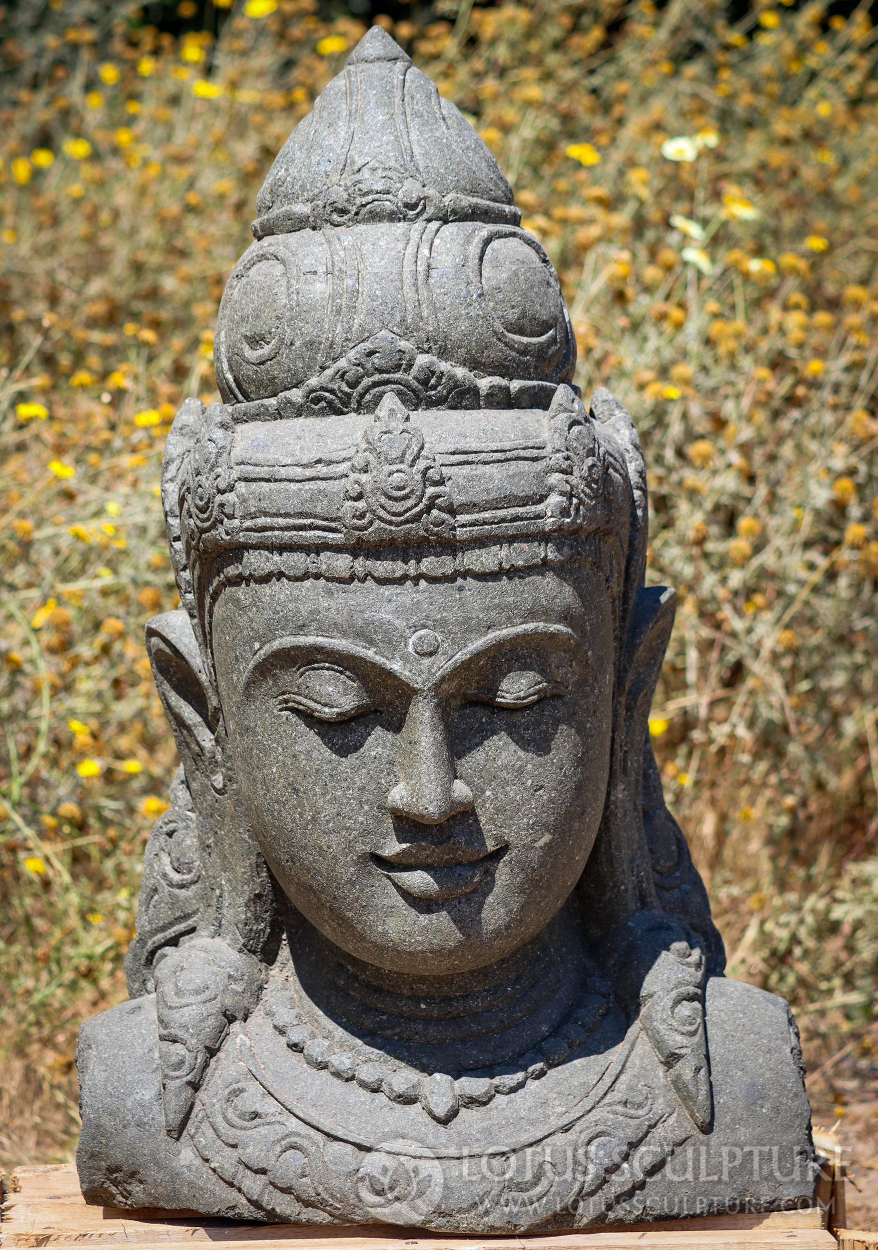 Stone Devi Tara Bust Sculpture with Headdress and Jewelry Hand Carved in Indonesia 32"