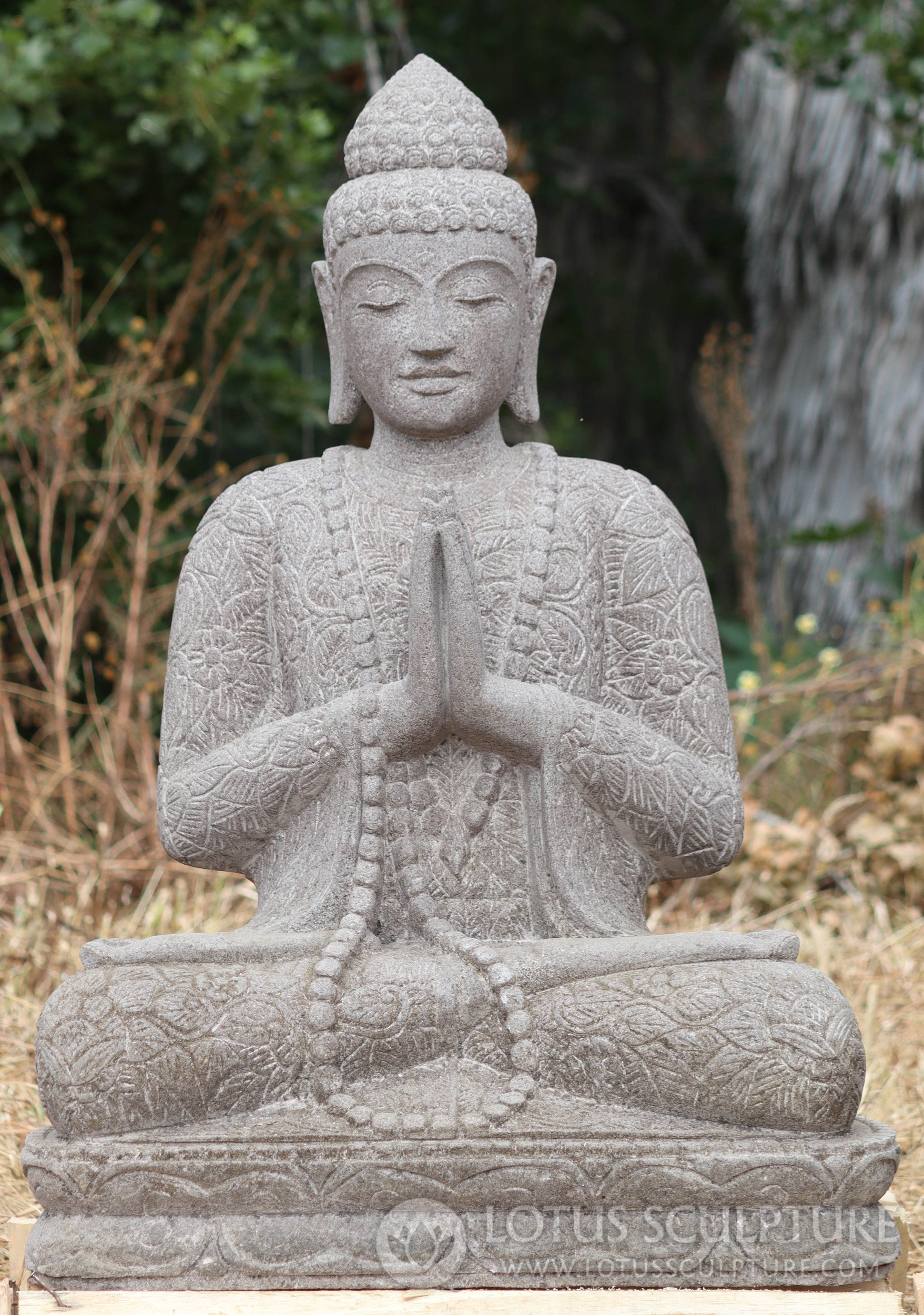 Hand Carved Namaste Stone Buddha Sculpture in Floral Robes on Lotus Base 40"