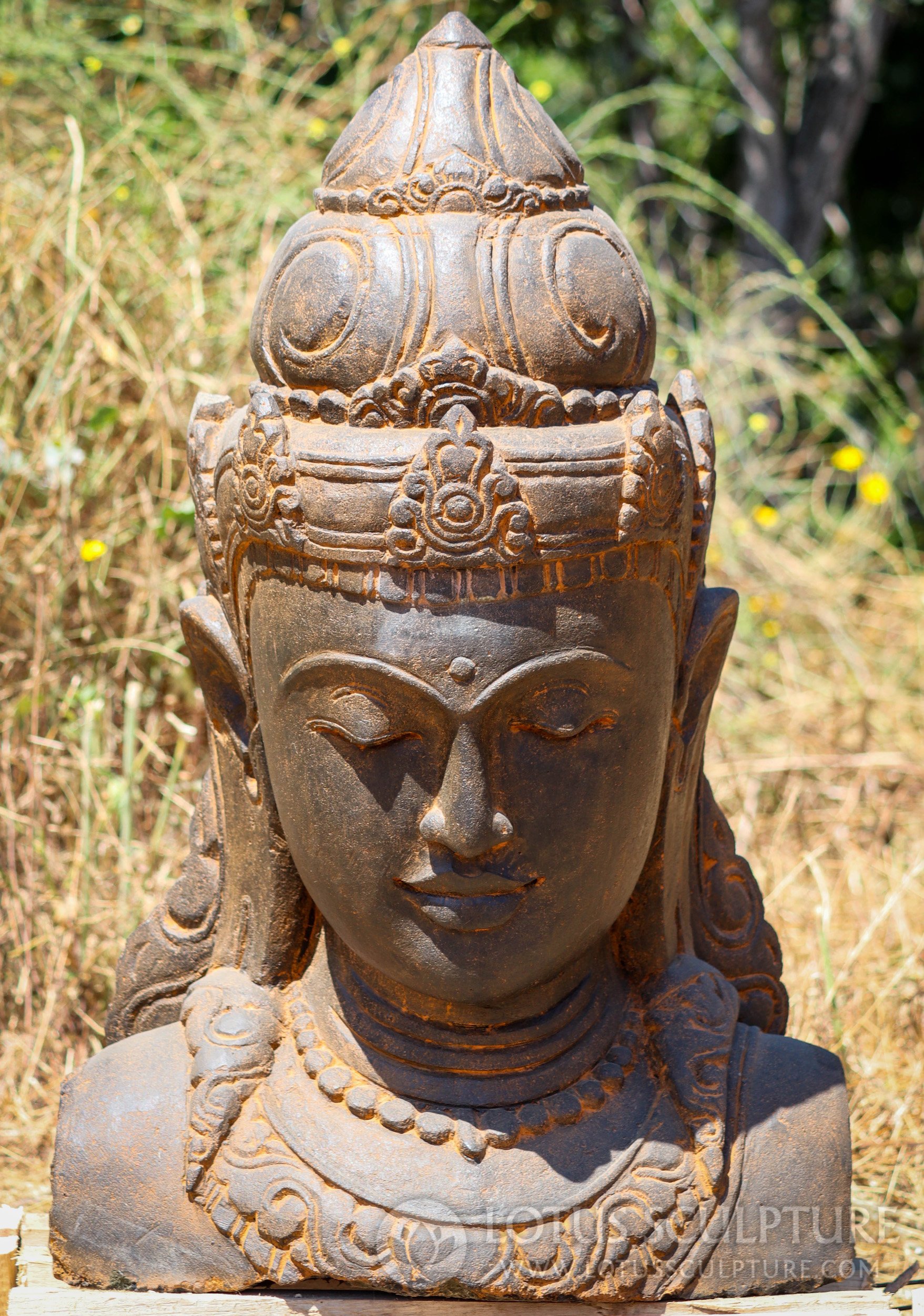 Saffron Indonesian Lava Stone Devi Bust Garden Statue Perfect for Outdoors 33"