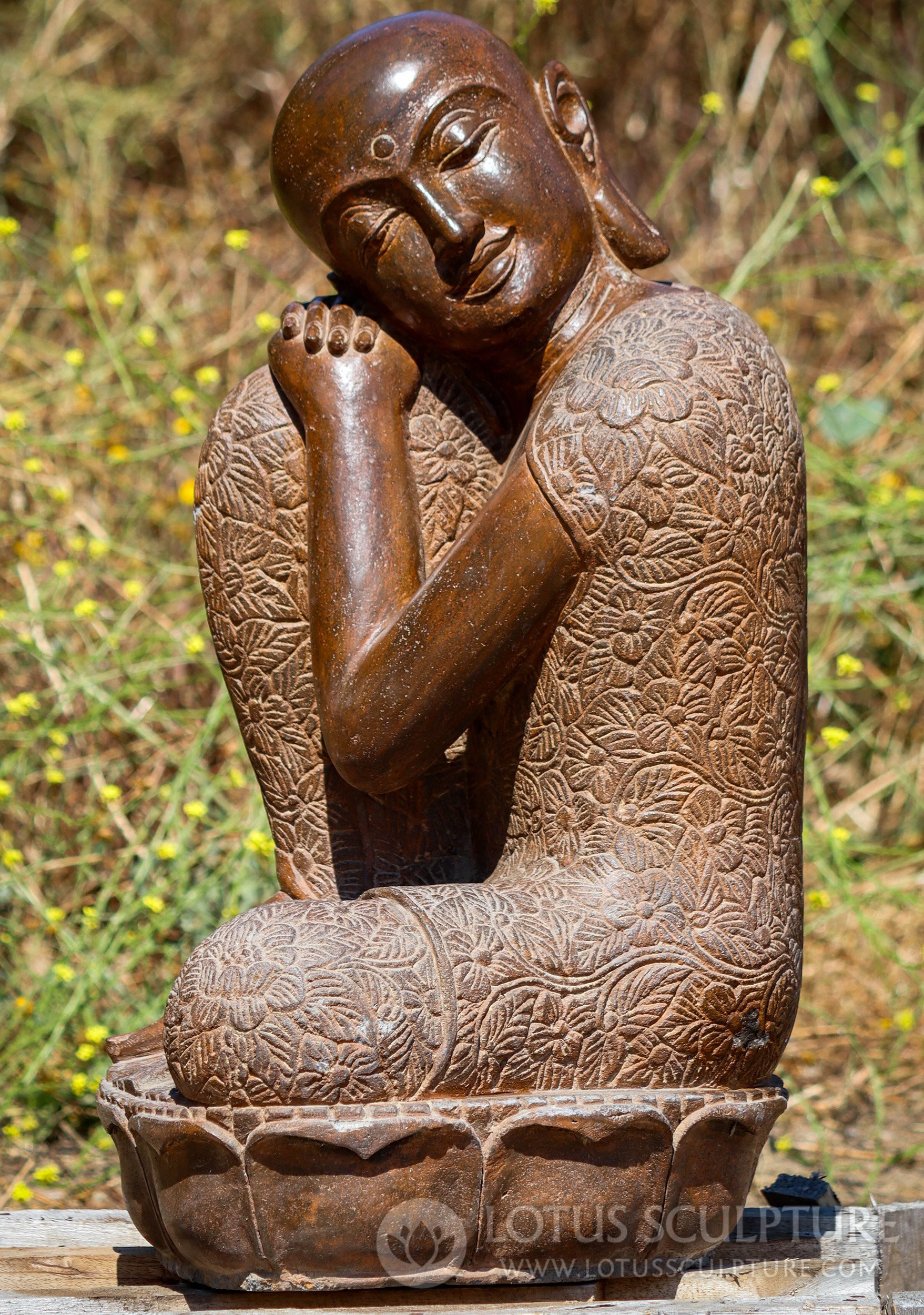 Lava Stone Buddha Statue in Floral Robes & Serene Meditation Pose 35"