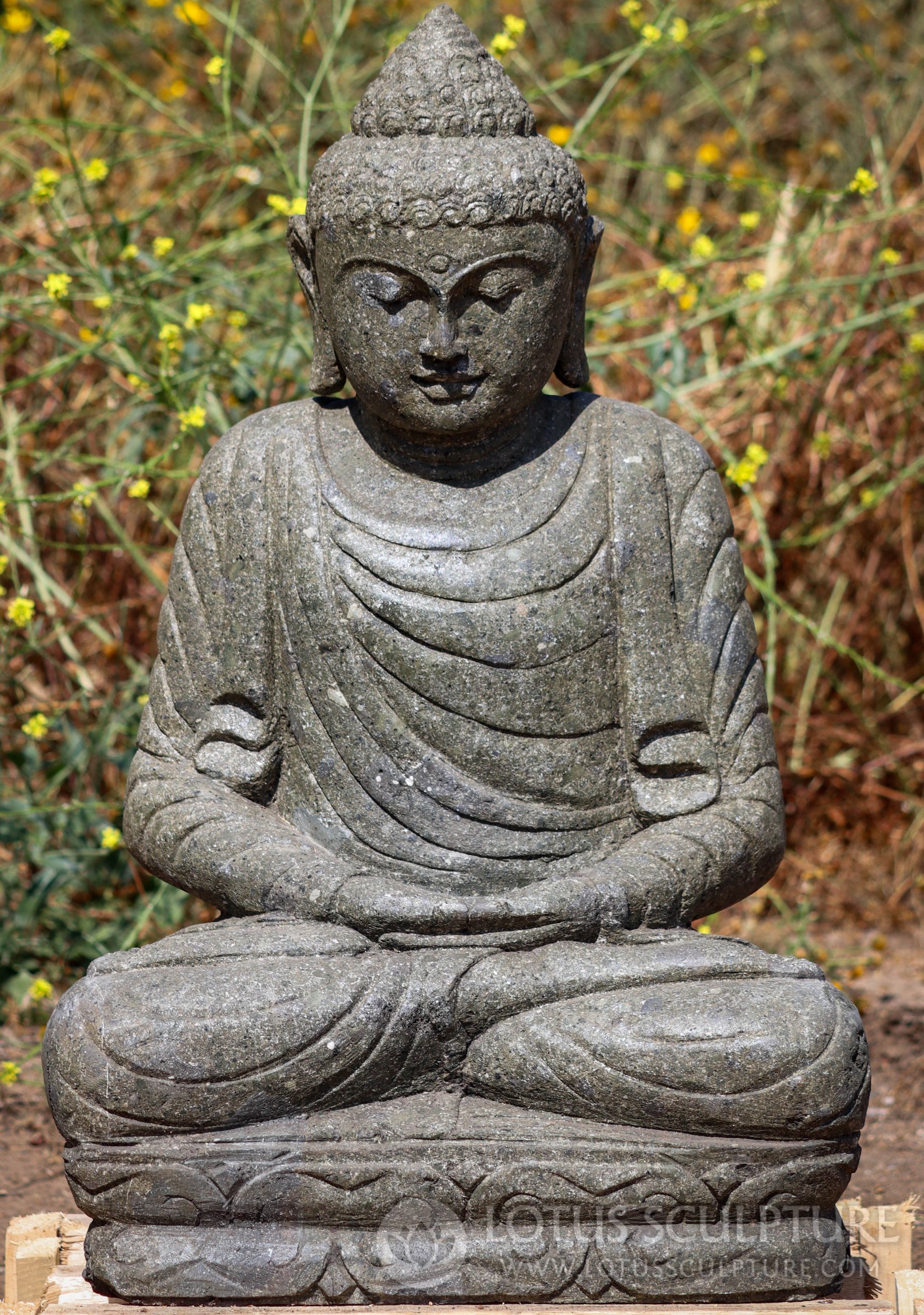 Lava Stone Meditating Buddha Statue in Robes Garden Sculpture for Outdoors 30"