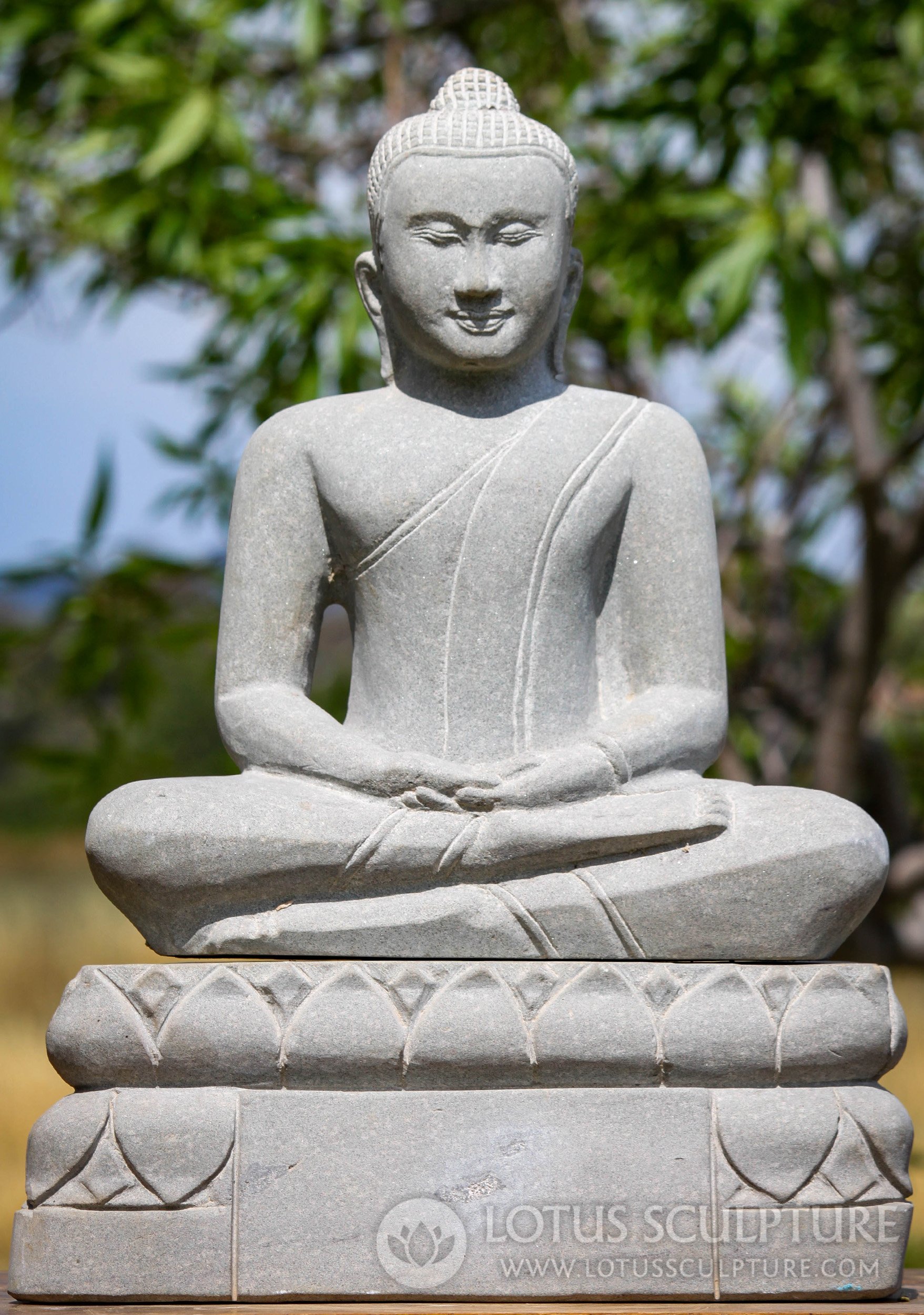 Hand Carved Cambodian Sandstone Dhyana Mudra Meditating Buddha Statue 21"