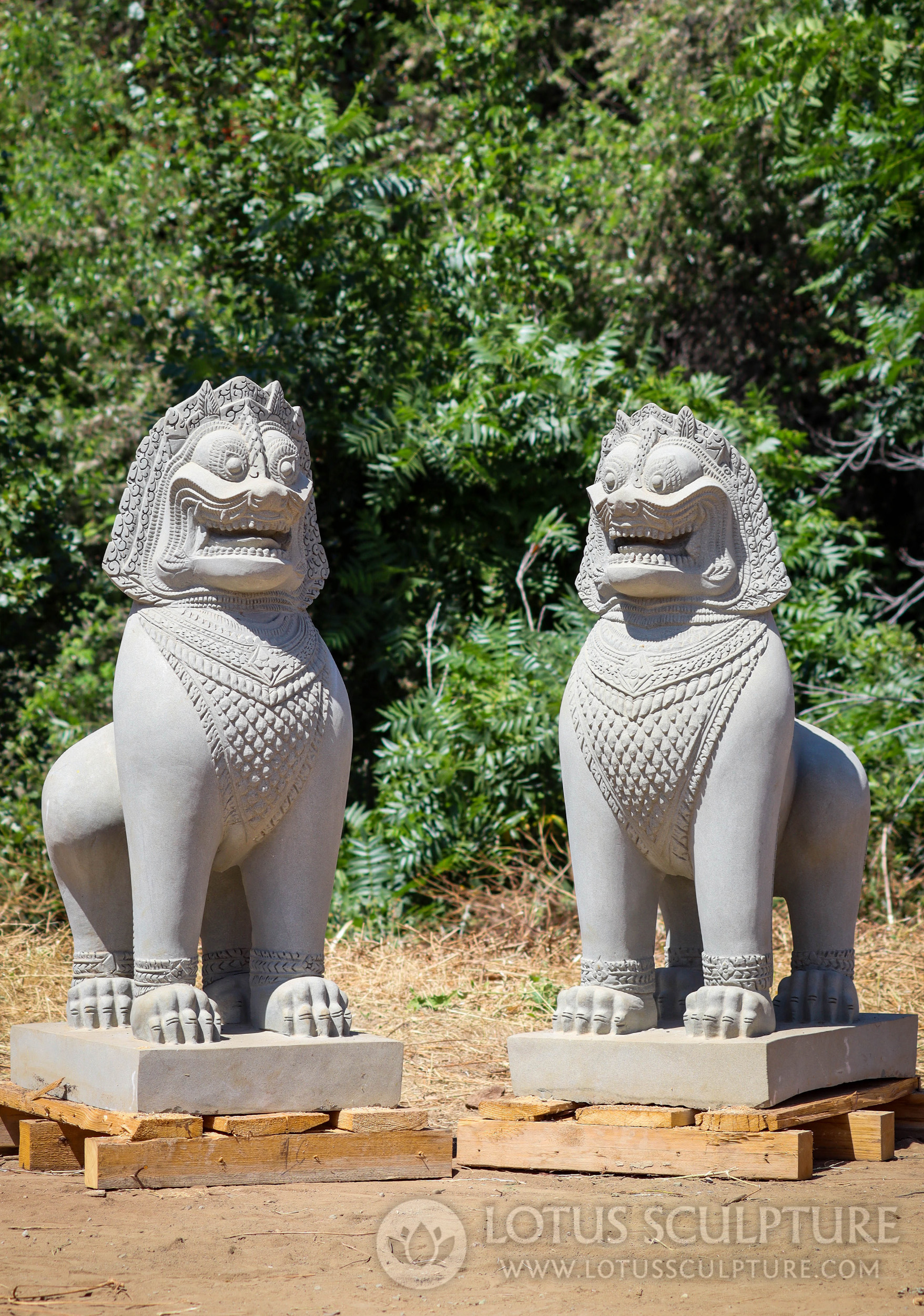 Hand Carved Pair Cambodian Style Sandstone Foo Dogs Temple Guardians 44"