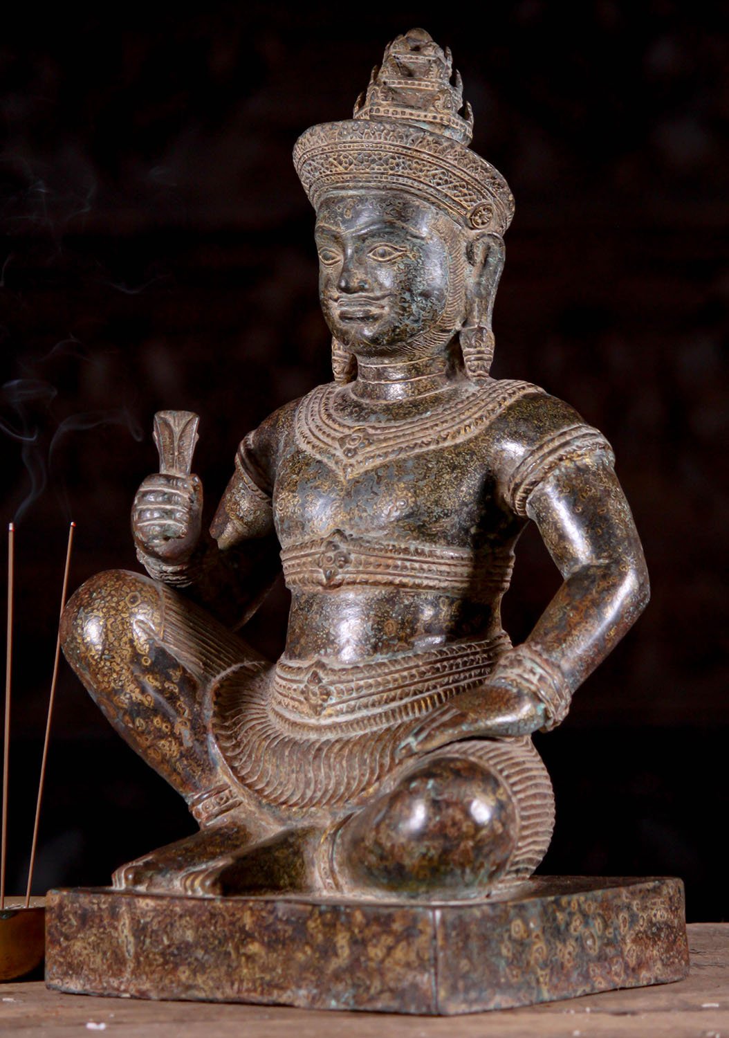 Varuna Statue Hindu God of Water, Rain & Sea Unique Kneeling Pose Holding Lotus Cast in Bronze 16"