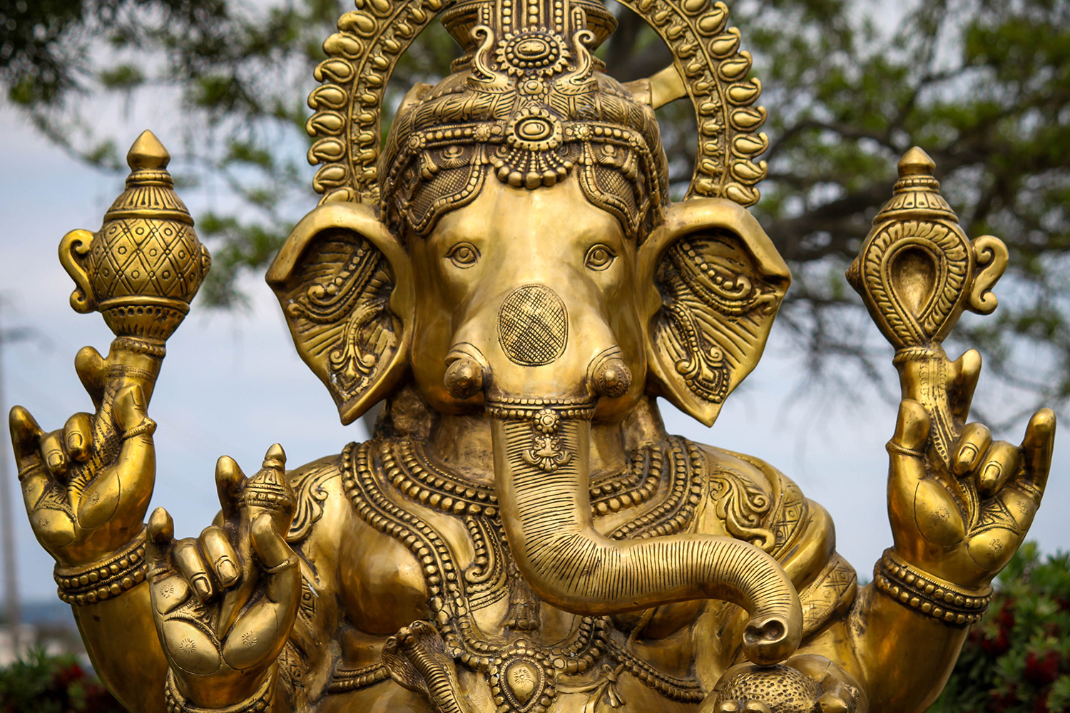 Large Golden Brass Ganapathi Sculpture Holding Tusk, Goad, Noose ...
