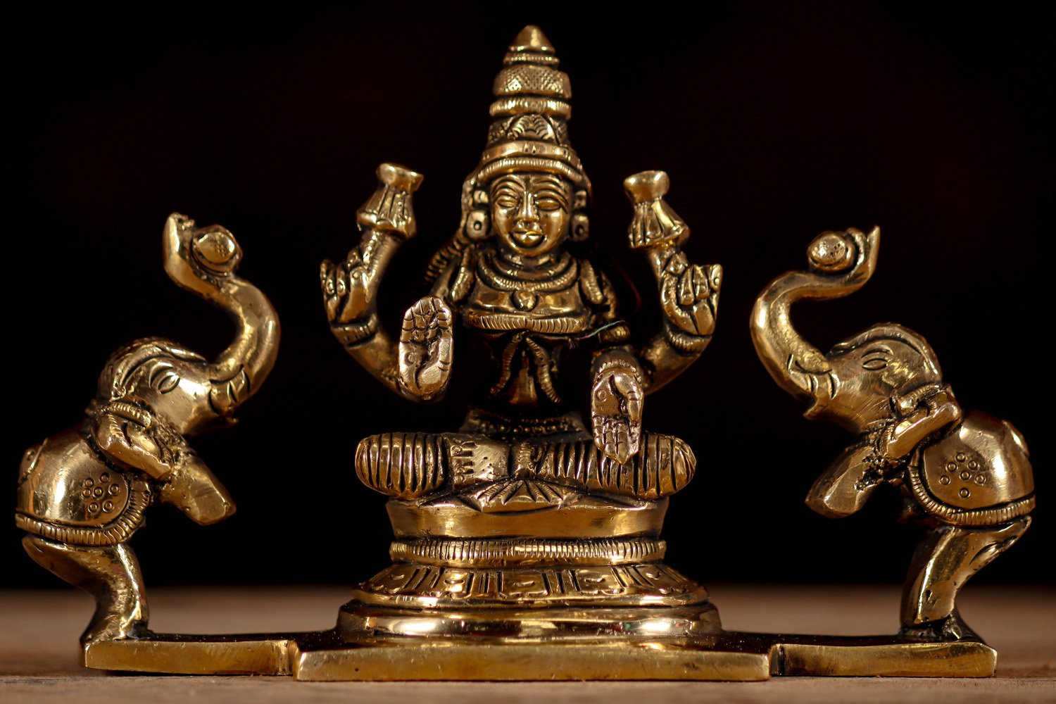 Brass Hindu Goddess Lakshmi Statue Flanked by 2 Elephants Known as Gaja ...