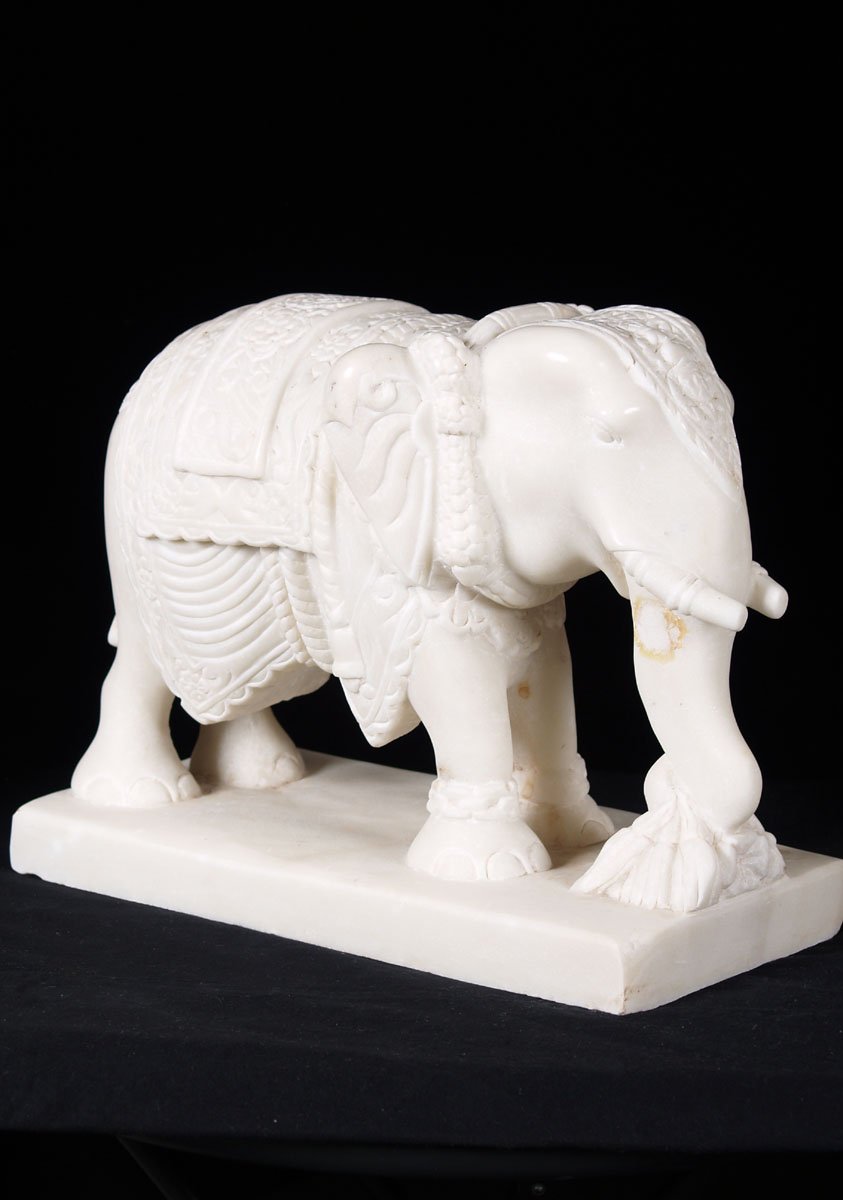 Decorated Indian White Marble Processional Elephant Statue Elegant Home Decor 12"