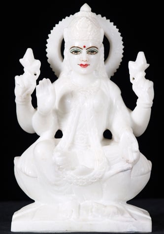 Marble Lakshmi Holding Lotus Flowers 8.5"