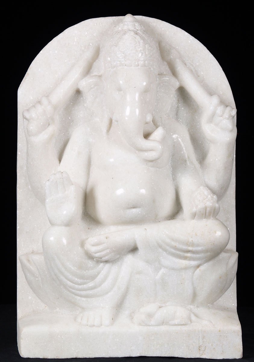 White Makrana Marble Seated Ganesh Statue 15"