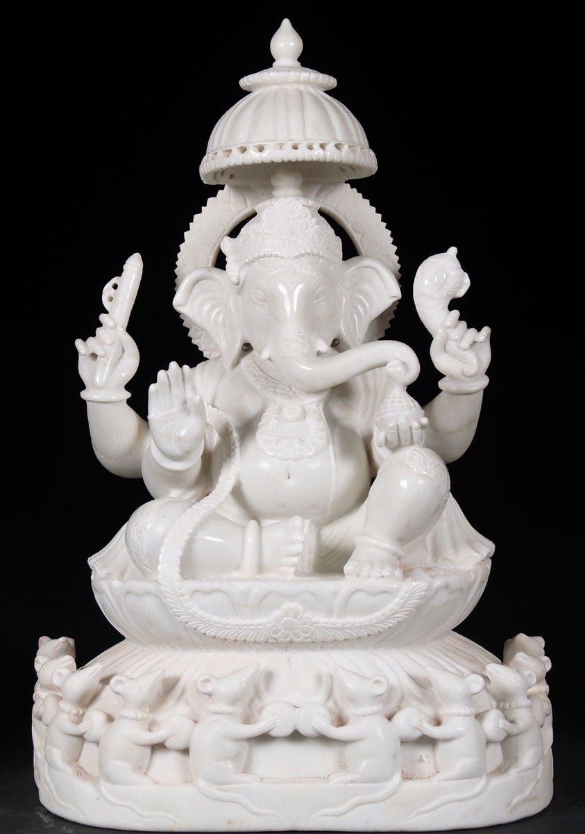 Makrana White Marble Palanquin Ganesh with Rats 24"