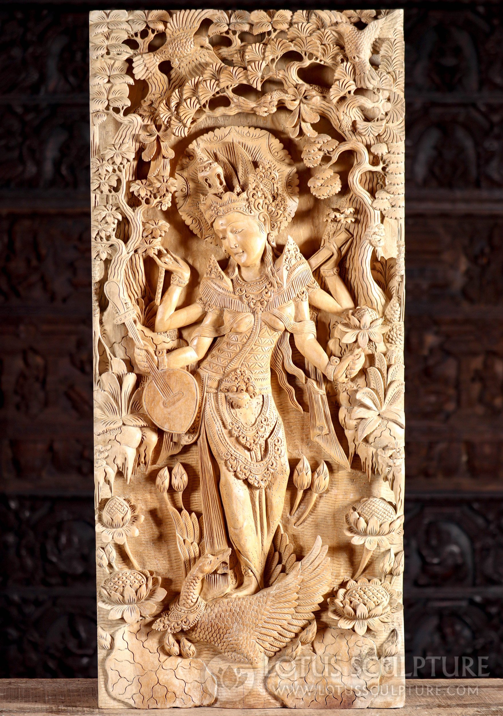 Saraswati's Serenade: Hand Carved Wooden Panel of Wisdom & Nature's Harmony 39"