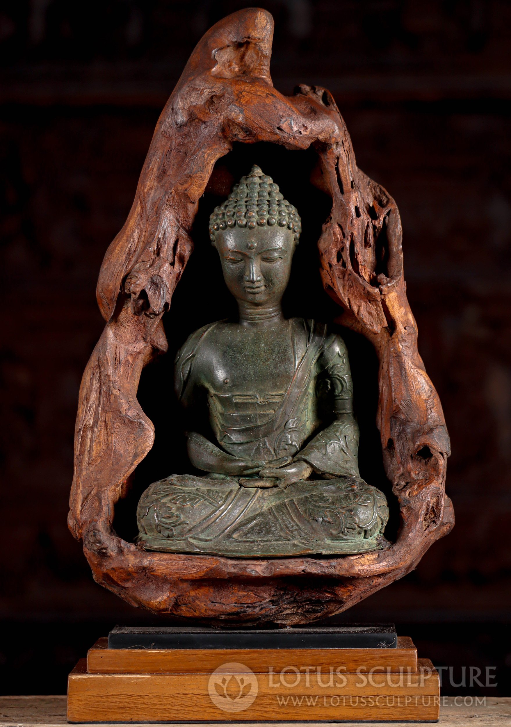 Brass Buddha in Meditative Pose: Indonesian Craftsmanship with Antique Green Patina 20"