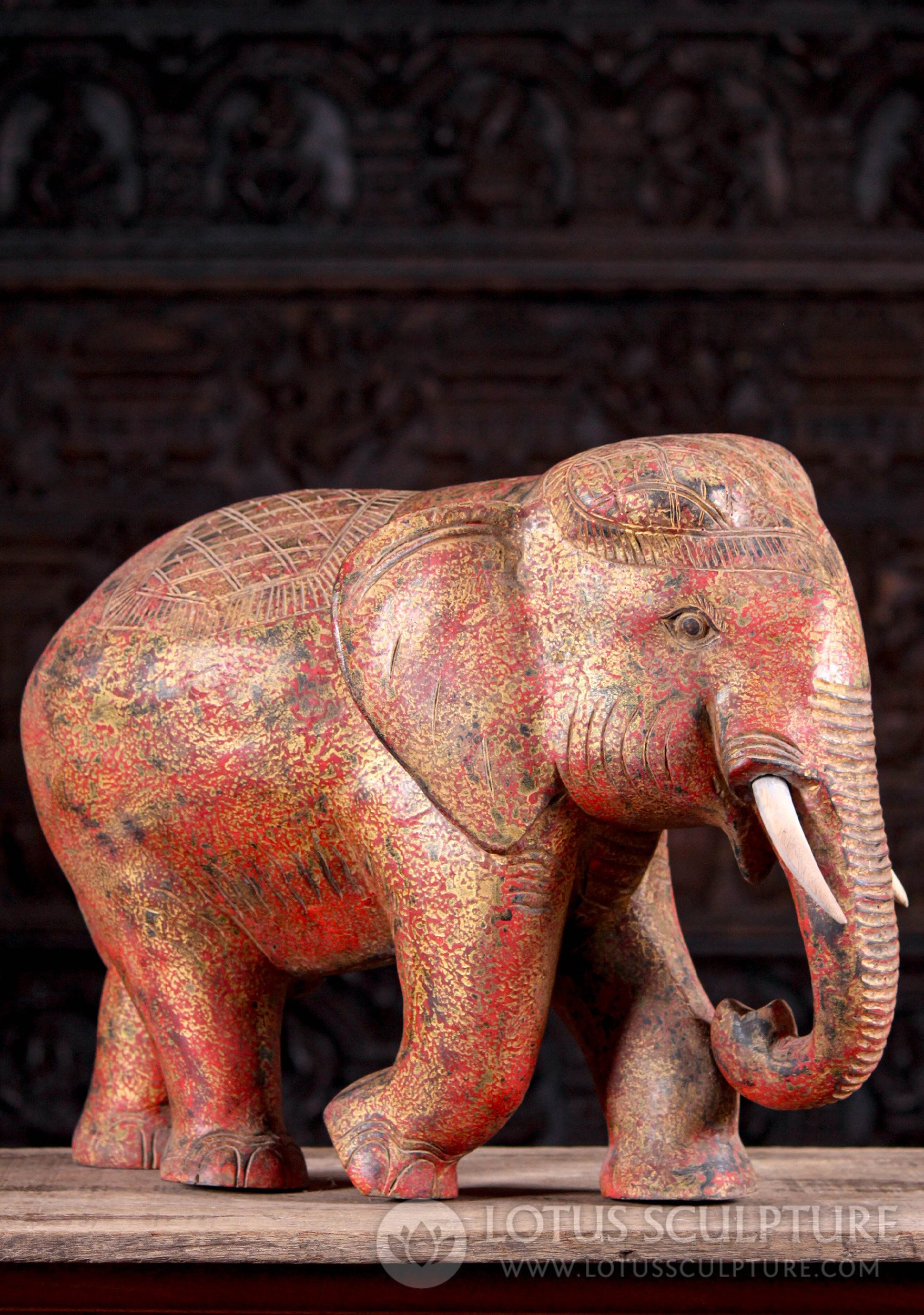 Wood Walking Elephant Statue with 2 Tusks with Antique Red Color Hand-Carved in Cambodian  16"