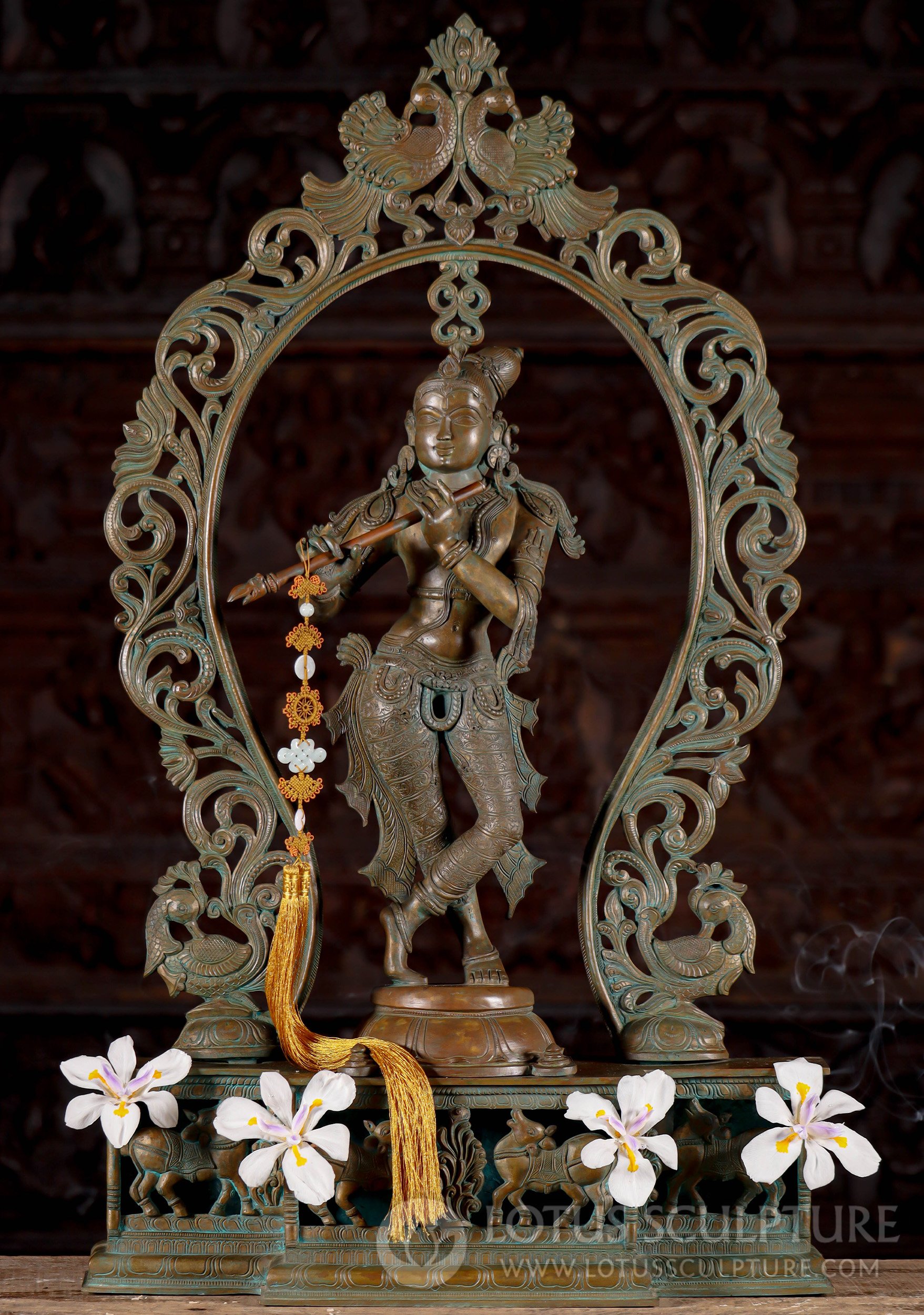 Exquisite Panchaloha Bronze Gopal Krishna Sculpture Playing Flute under Arch 36"