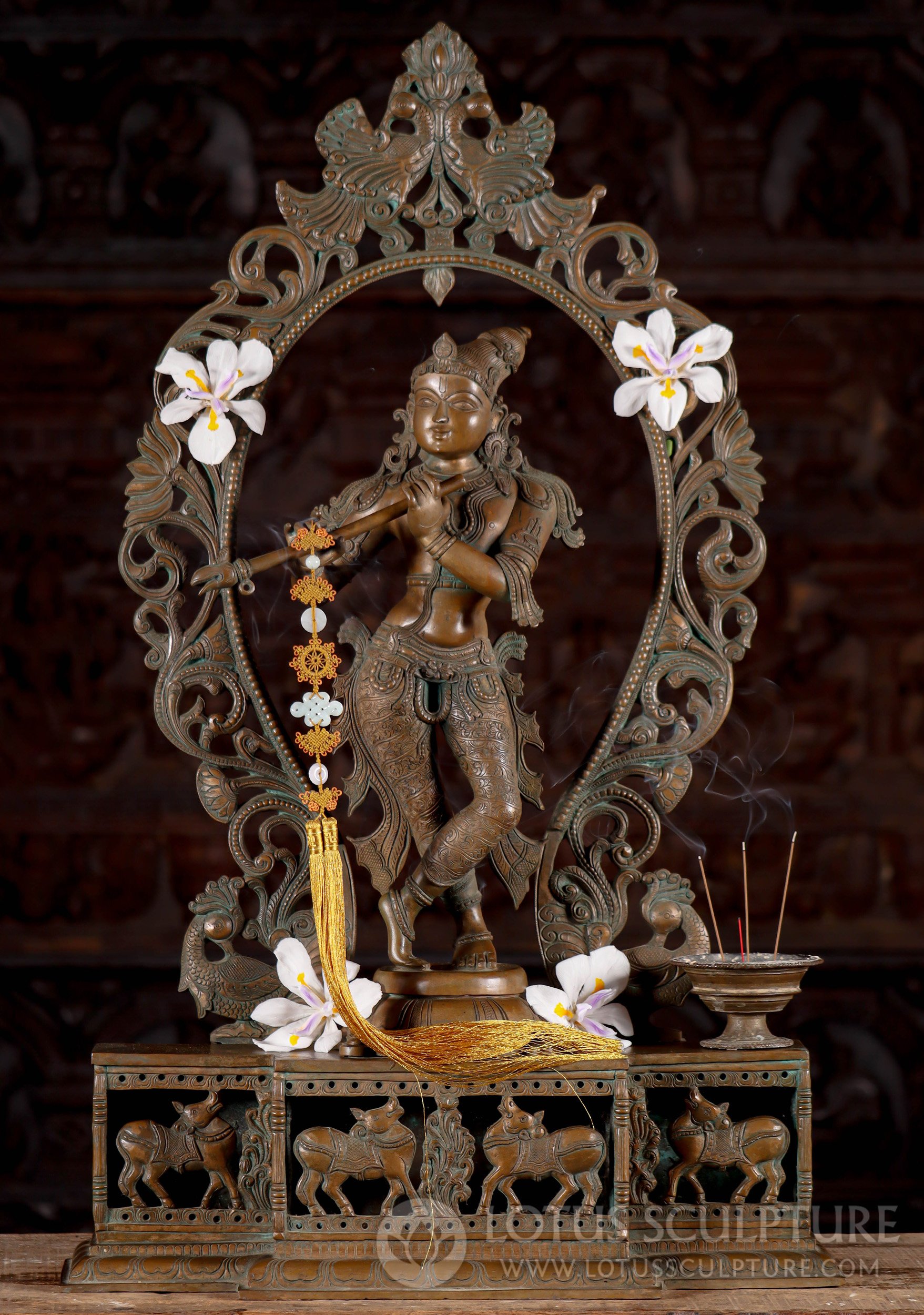 Gopal Krishna Sculpture Playing Flute under Arch Stunning Panchaloha Bronze 34.5"