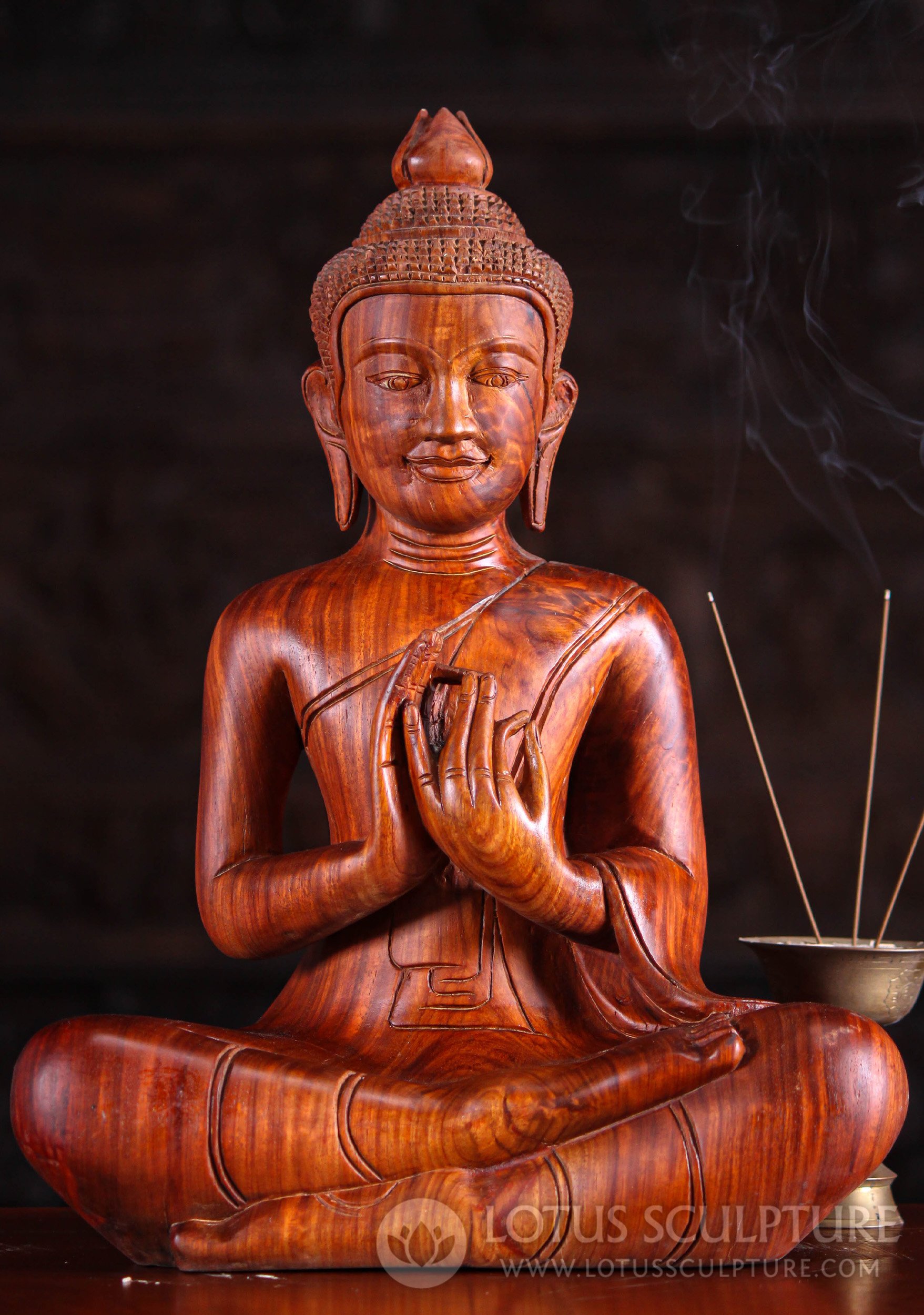 Dharmachakra Mudra Wooden Buddha Sculpture Hand Carved in Cambodia 15.5"