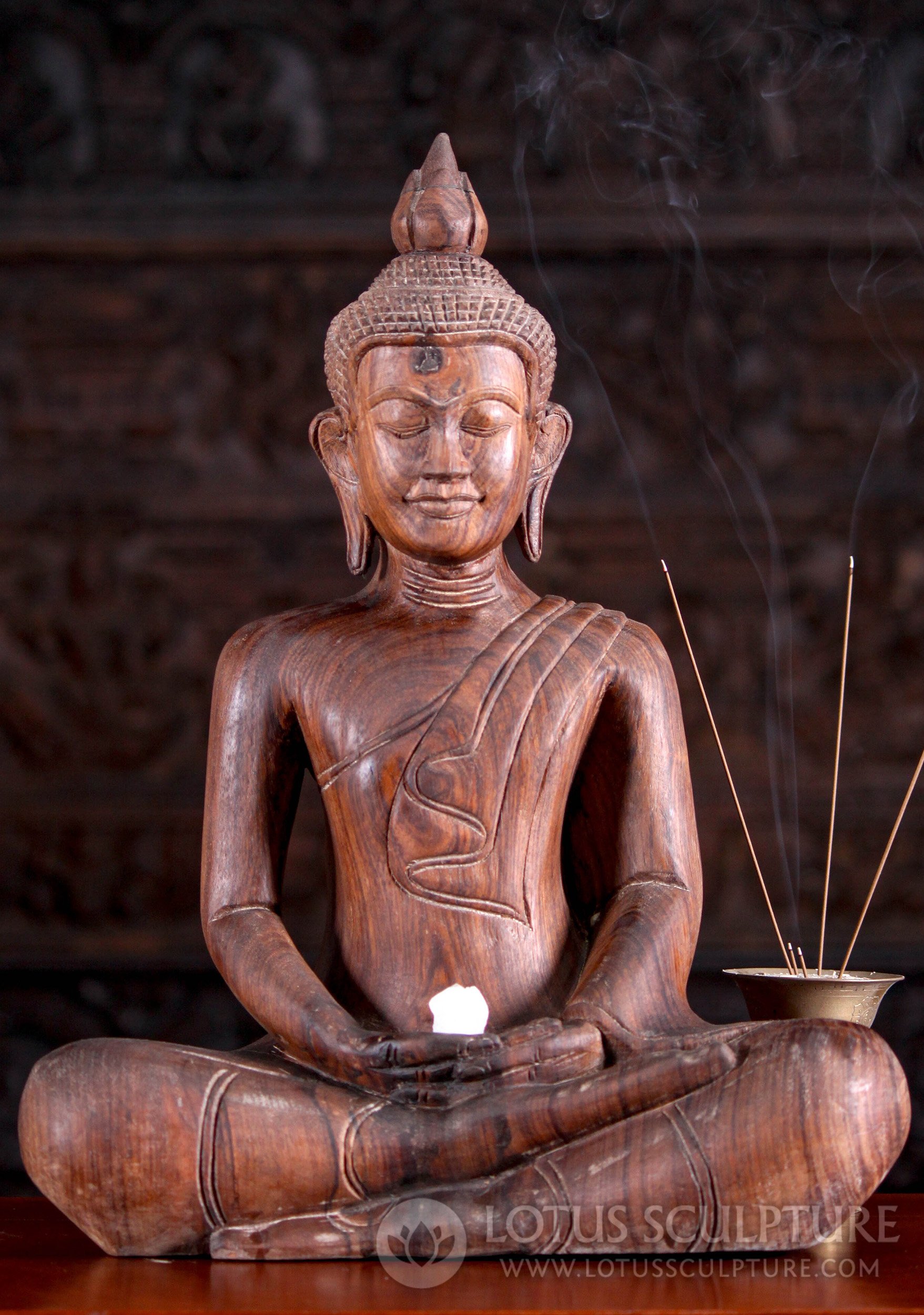 Hand Carved Meditating Buddha Statue from Cambodian with Natural Wood Grain 18"