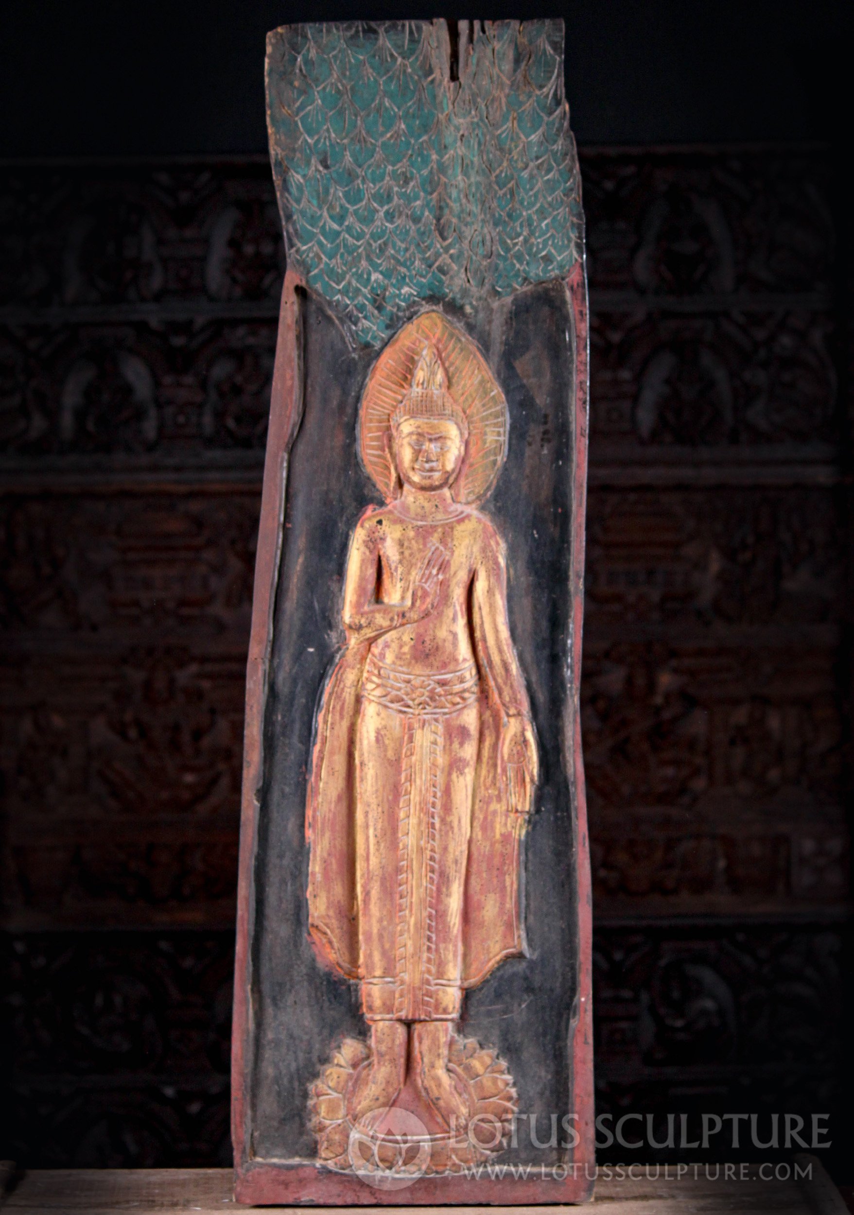 Reclaimed Wood Wall Panel of Standing Lord Buddha in Abhaya Mudra of Protection 48"