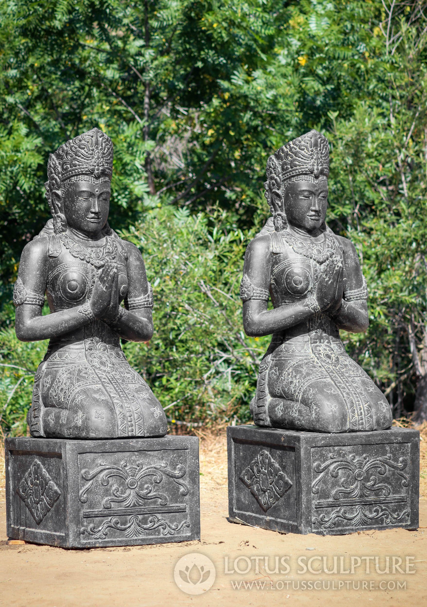 PREORDER Large Stone Kneeling Anjali Namaste Devi Statues with Ornate Base, Pair 49"