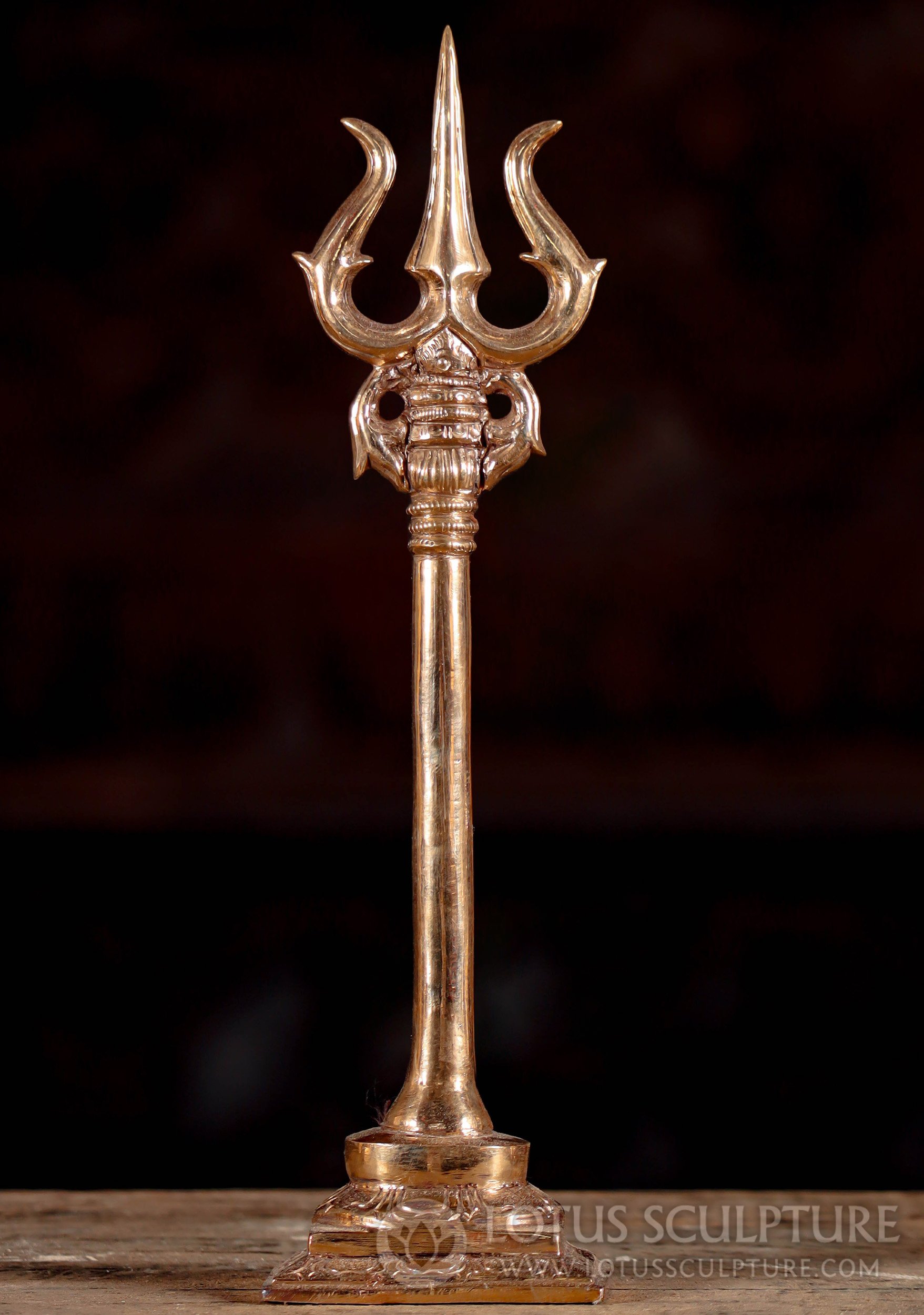 Small Polished Bronze Shiva's Trident: Panchaloha - Emblem of Divine Hindu Trinity 10"