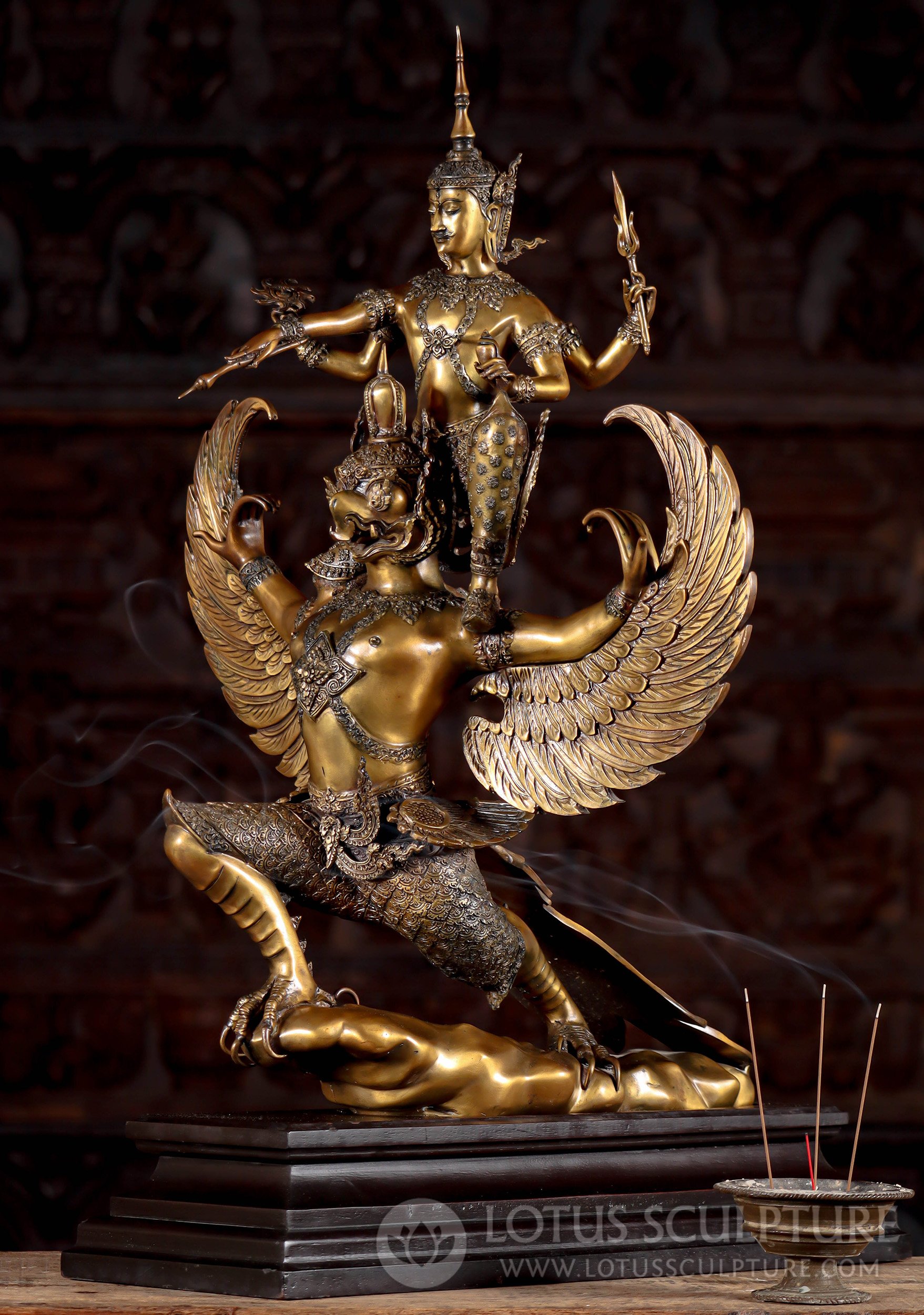 Stunning Golden Brass Masterpiece Sculpture of Lord Vishnu Riding Vahana Garuda 27"