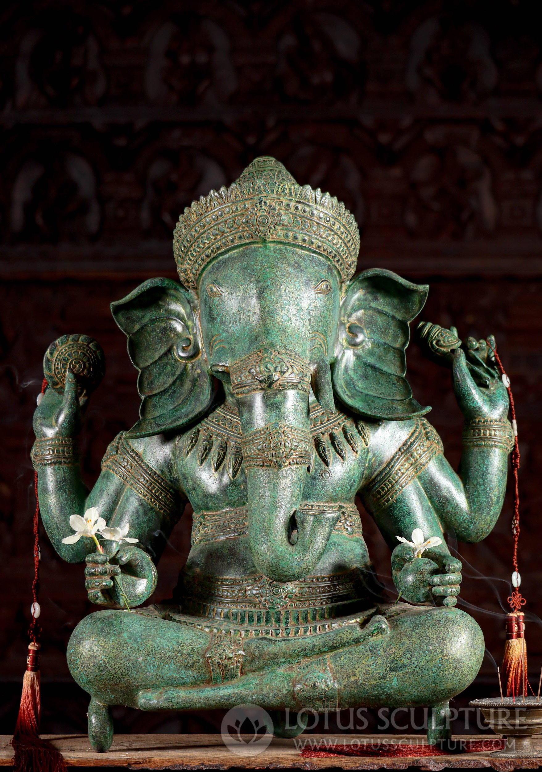 Bronze Ganesha Statue: Green Patina, Half Lotus with Broken Tusk from Cambodia 28"