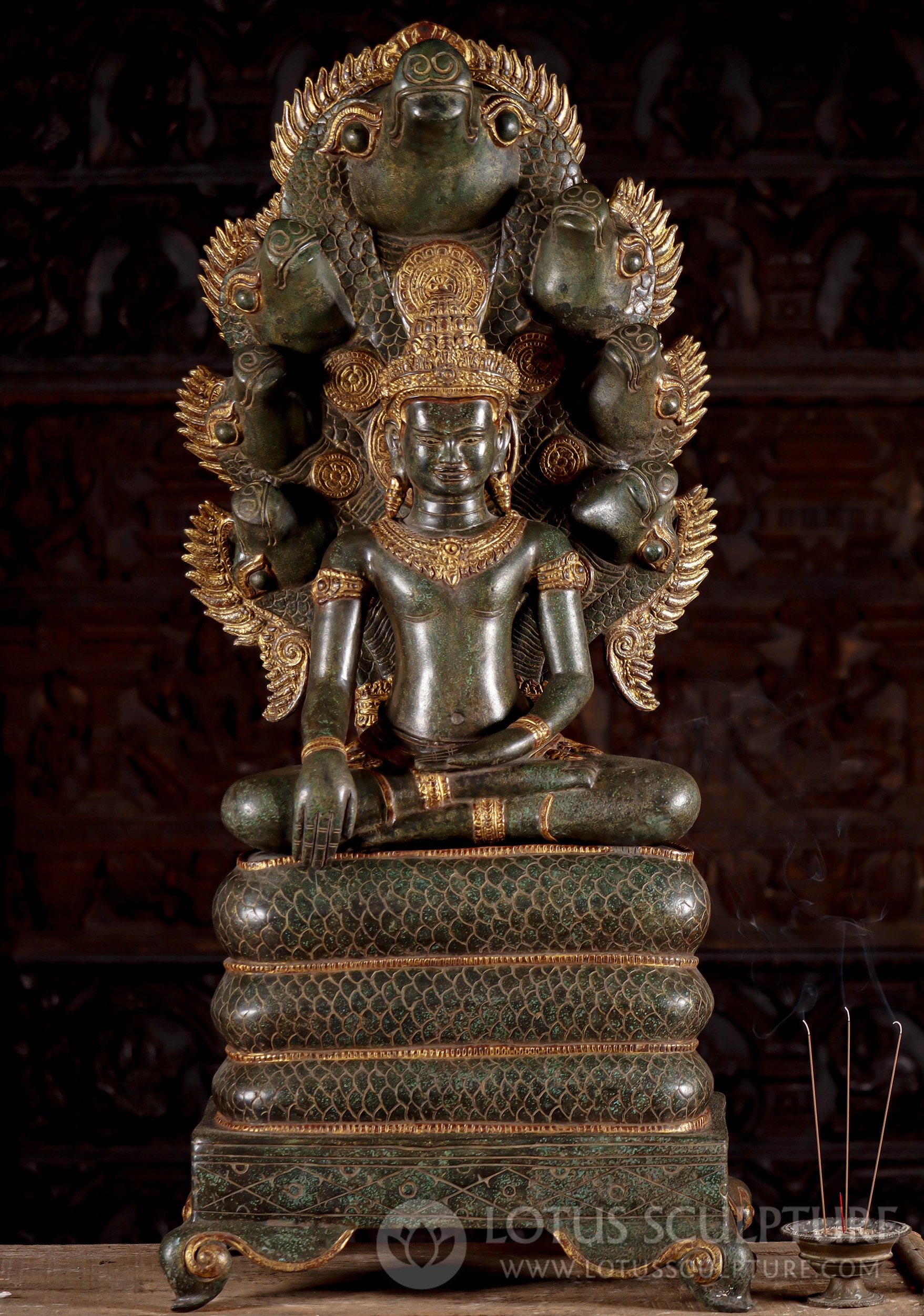 Cambodian Bronze Naga Buddha: Saturday's Enlightened Serpent Guardian 42"