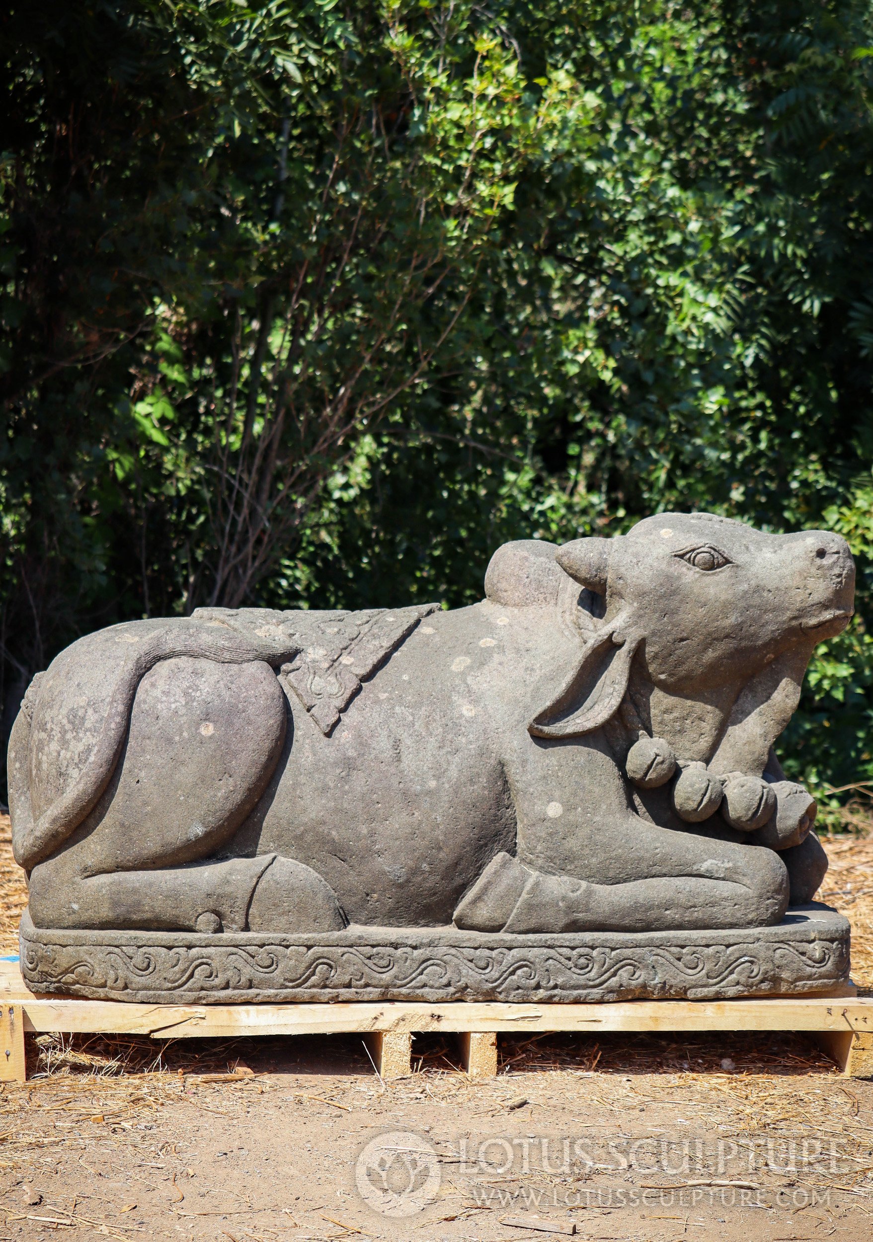 Lava Stone Nandi Bull Sculpture: Hand-Carved Garden Masterpiece Symbolizing Fertility 59"