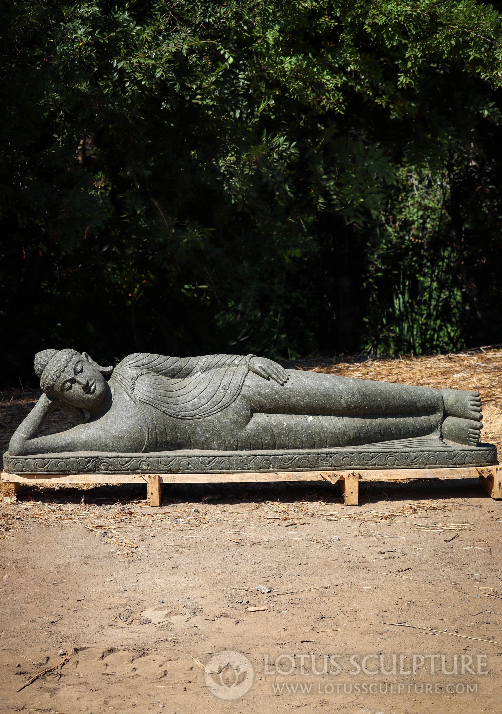 Reclining Garden Buddha Sculpture: Hand-Carved from one Block of Stone in Indonesia 79"