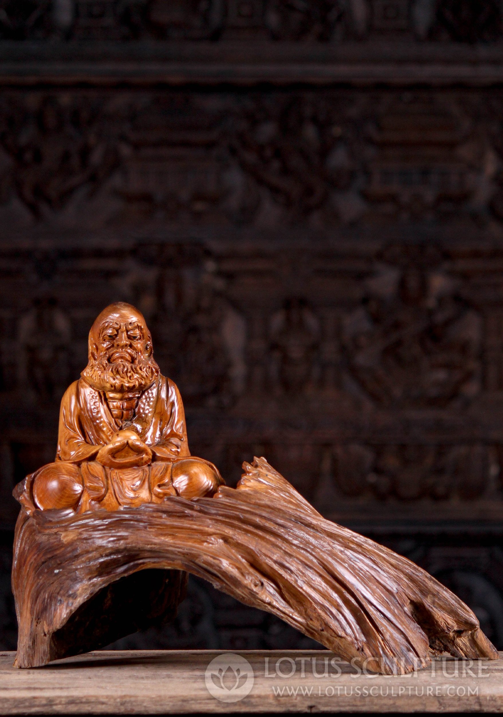 Meditating Bodhidharma: Hand-Carved Vietnamese Wood on Natural Curved Base 14"