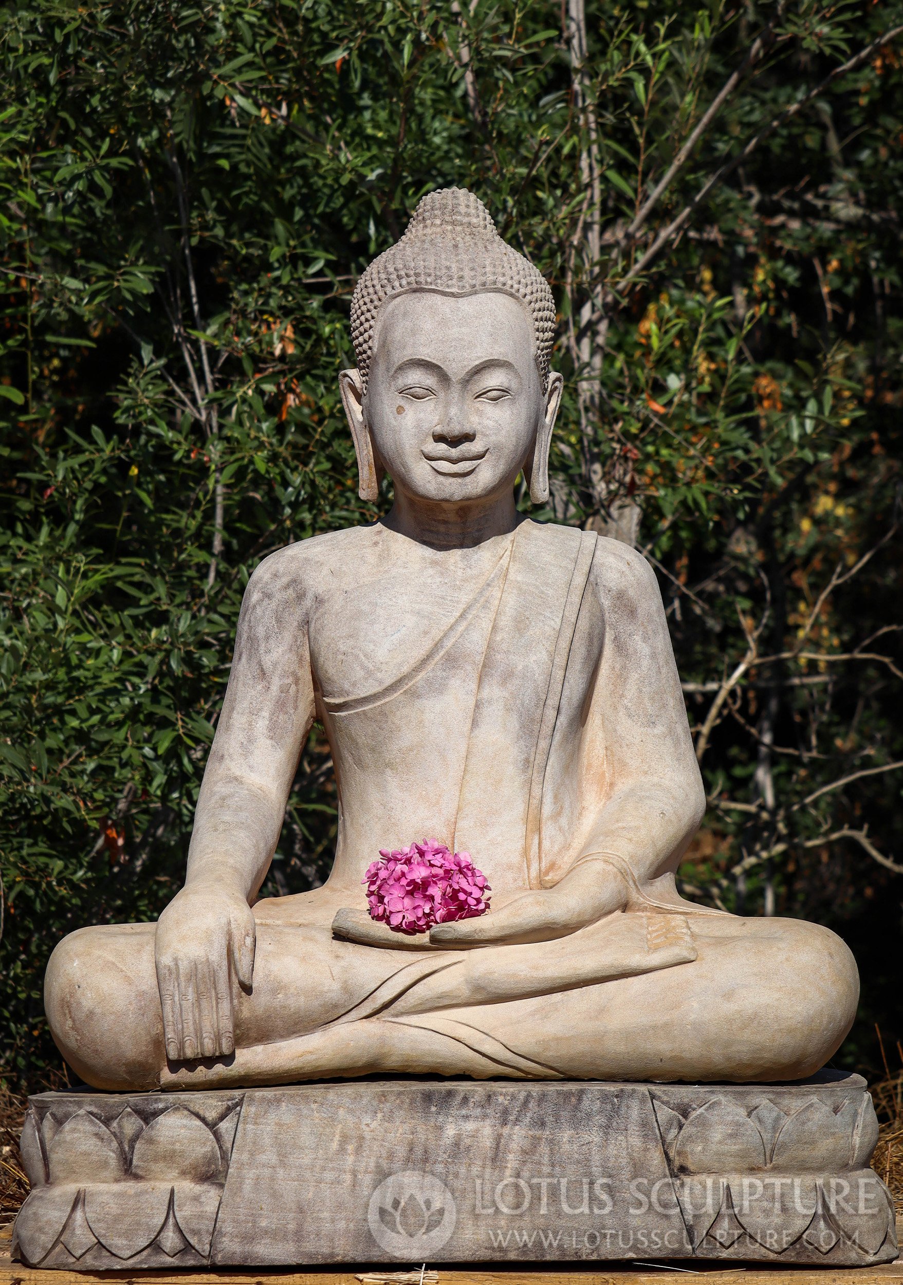 Earth-Touching Cambodian Sandstone Buddha with Natural Tones on Lotus Base 54"