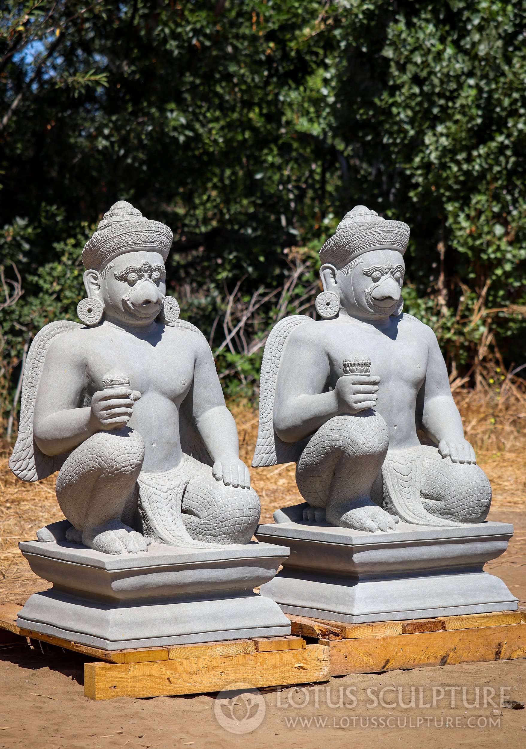 Pair of Grand Cambodian Sandstone Garuda Statues, Ideal for Home Entrances 39"