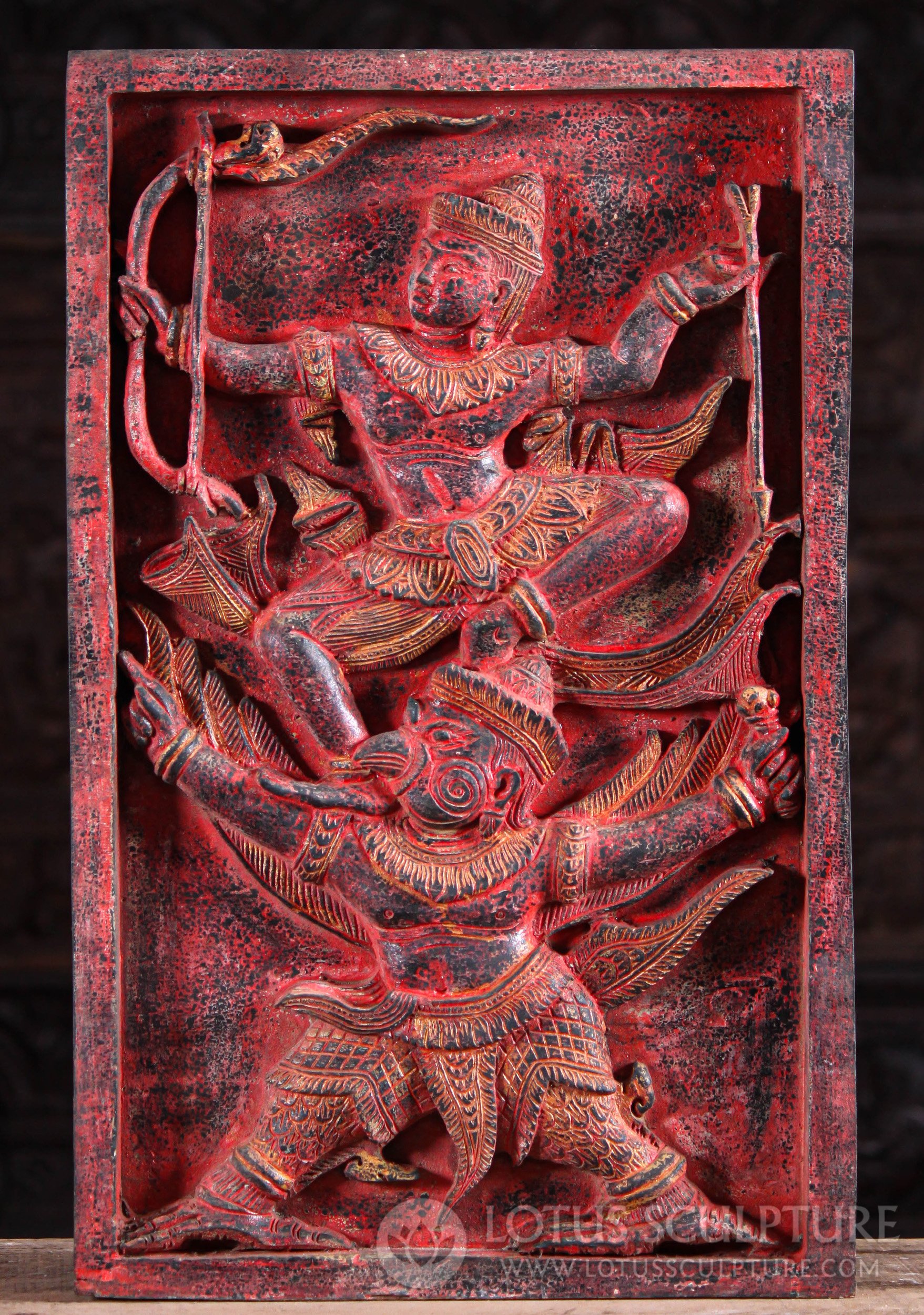 Rama & Garuda: Distressed Red & Black Cambodian Wood Panel Art 25"