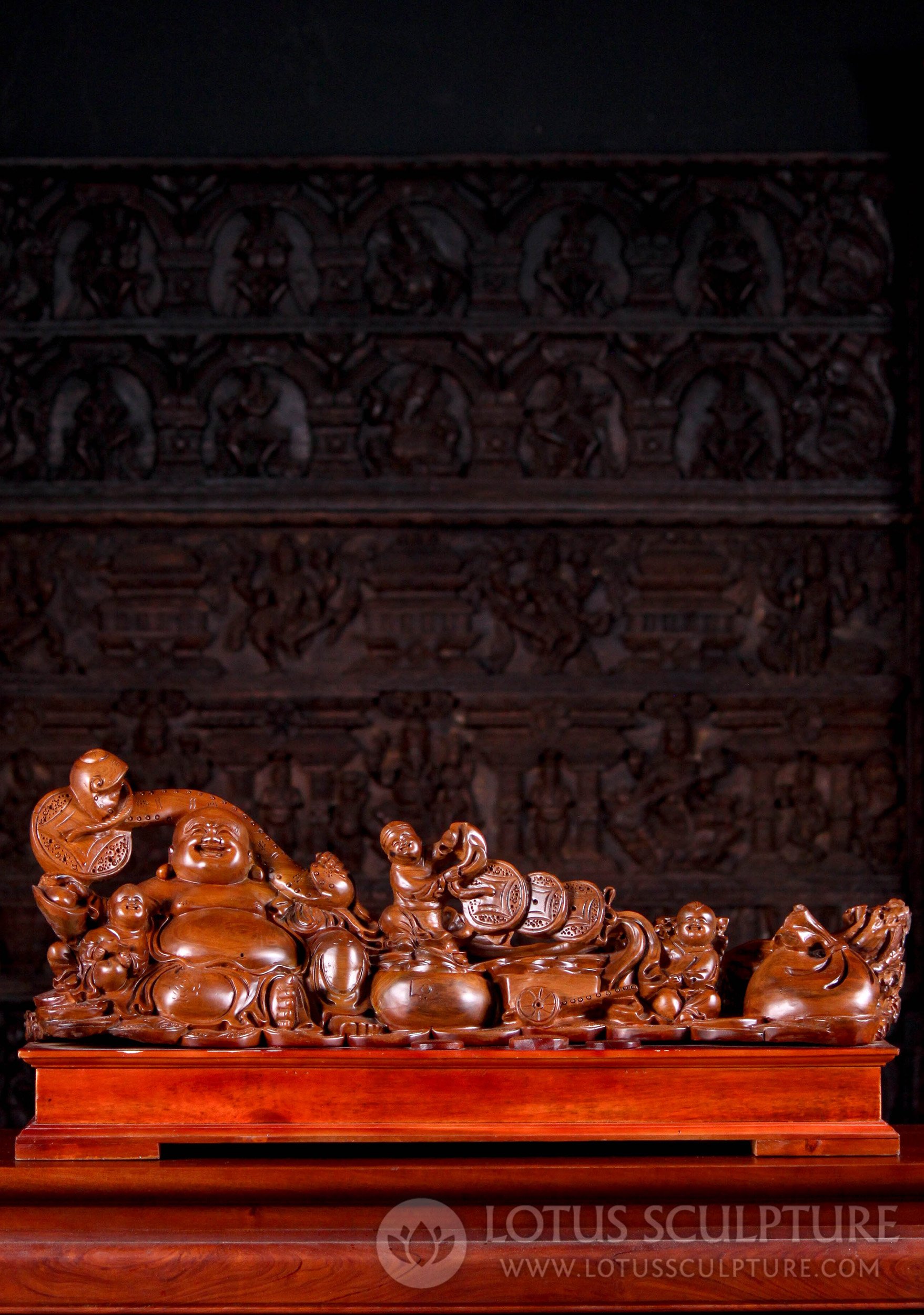 Joyful Fat Buddha with Children: Hand-Carved Wealth & Happiness Wood Sculpture 32"