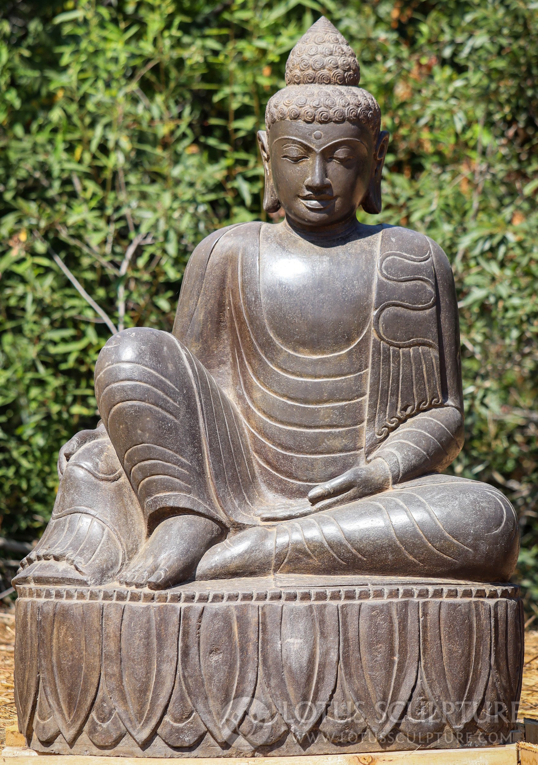 Hand-Carved Relaxing Lava Stone Buddha: Serenity Saffron Coloring for Garden Bliss 47"