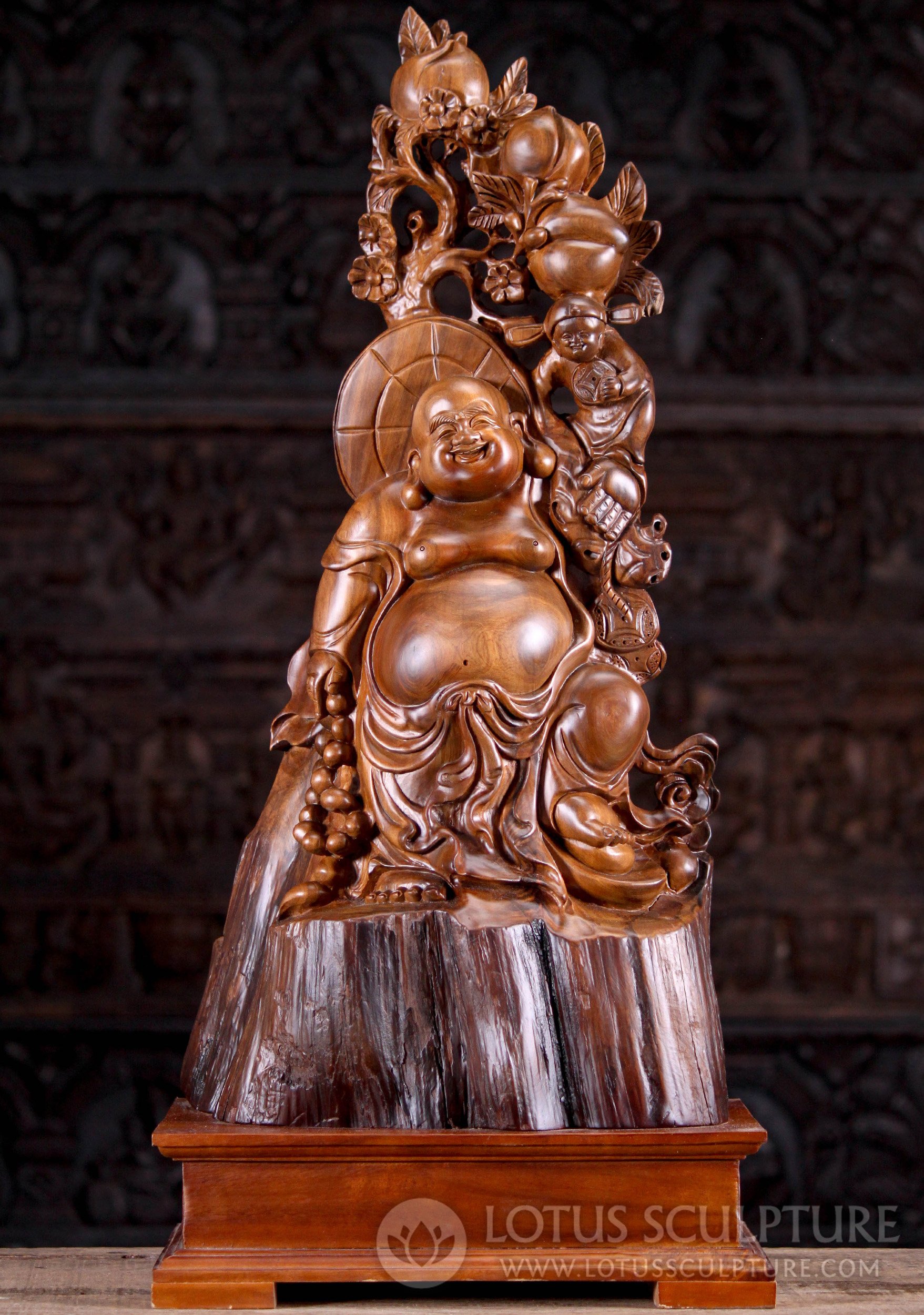 Hotei Buddha of Wealth: Vietnamese Wood Carving under Fruiting Peach Tree 30"