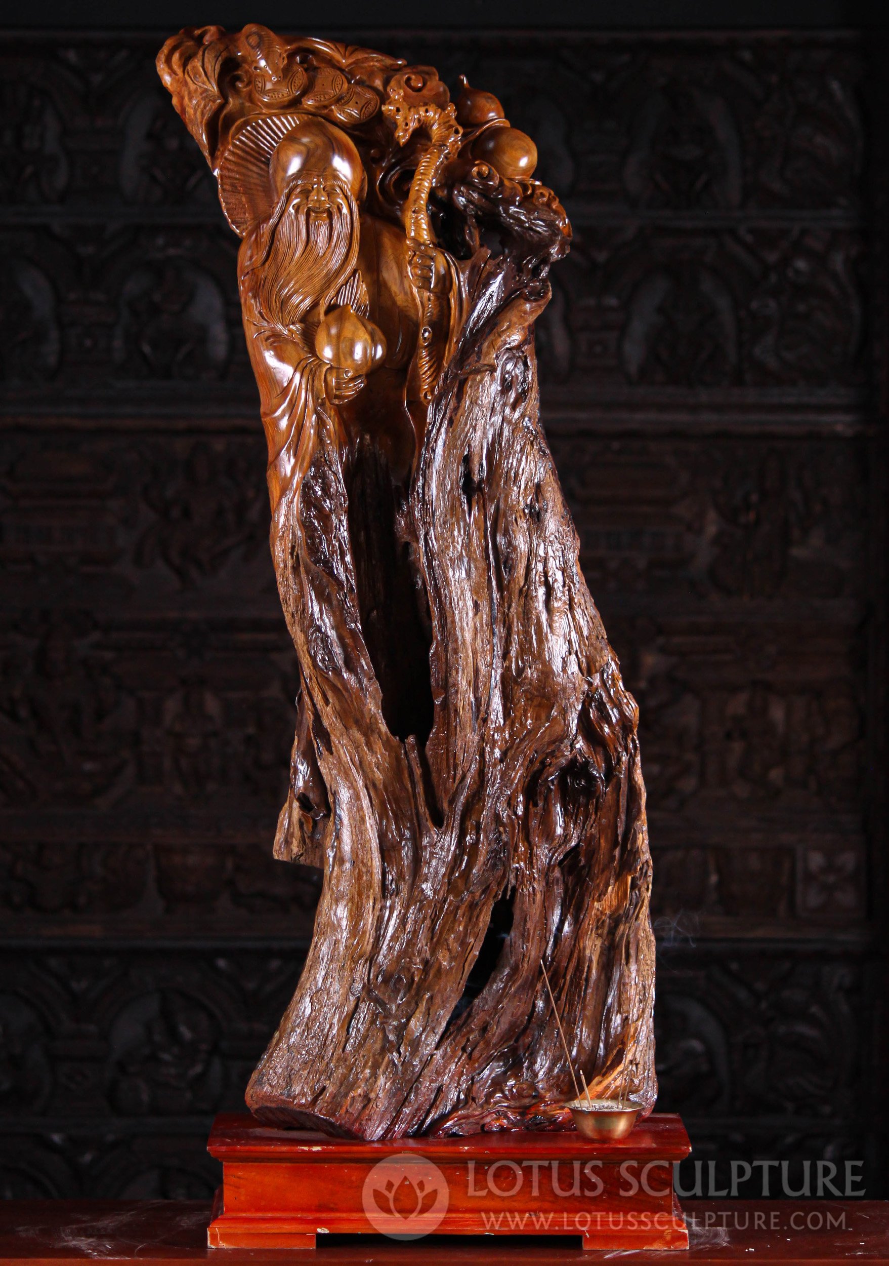 Lao Tzu's Wisdom: Hand-Carved Vietnamese Wood Statue with Symbolic Peach and Staff 45.5"