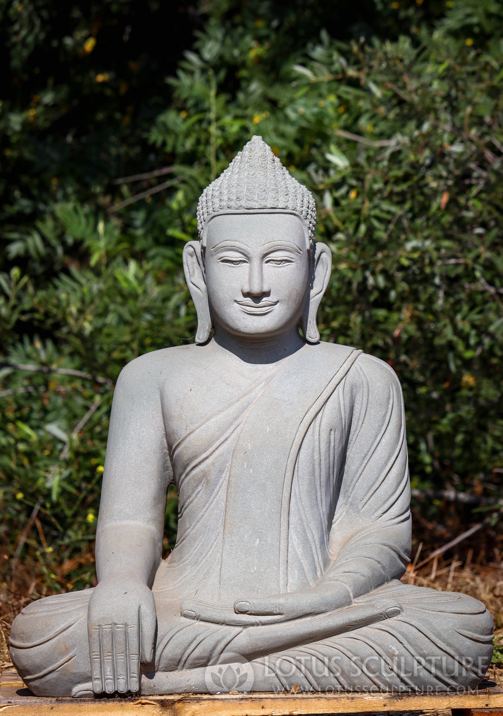 Cambodian Hand-Carved Sandstone Buddha, Serene Garden Sculpture in Earth Touching Mudra 37"