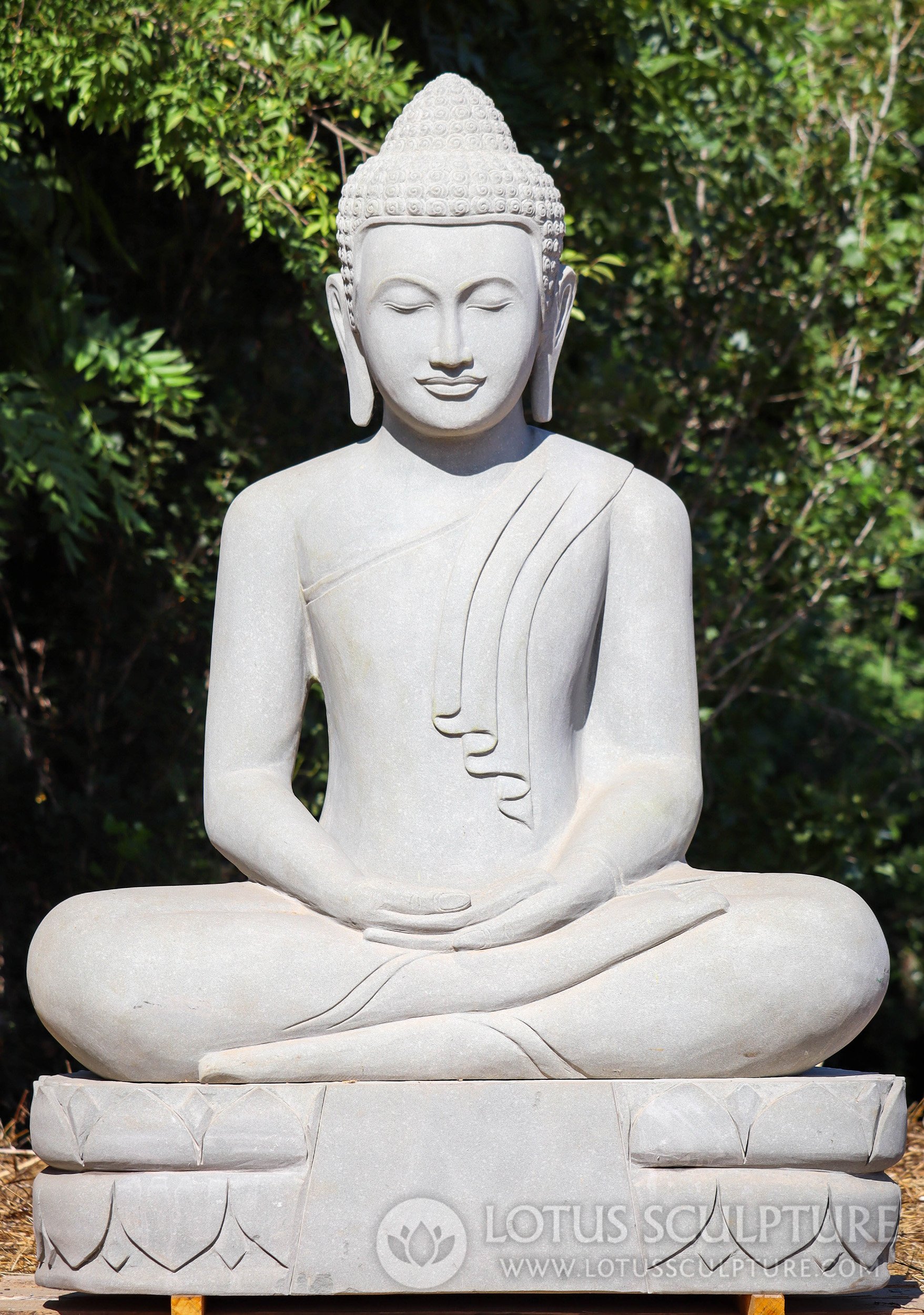 Cambodian Sandstone Buddha, Dhyana Mudra, on Double Lotus Base 61"