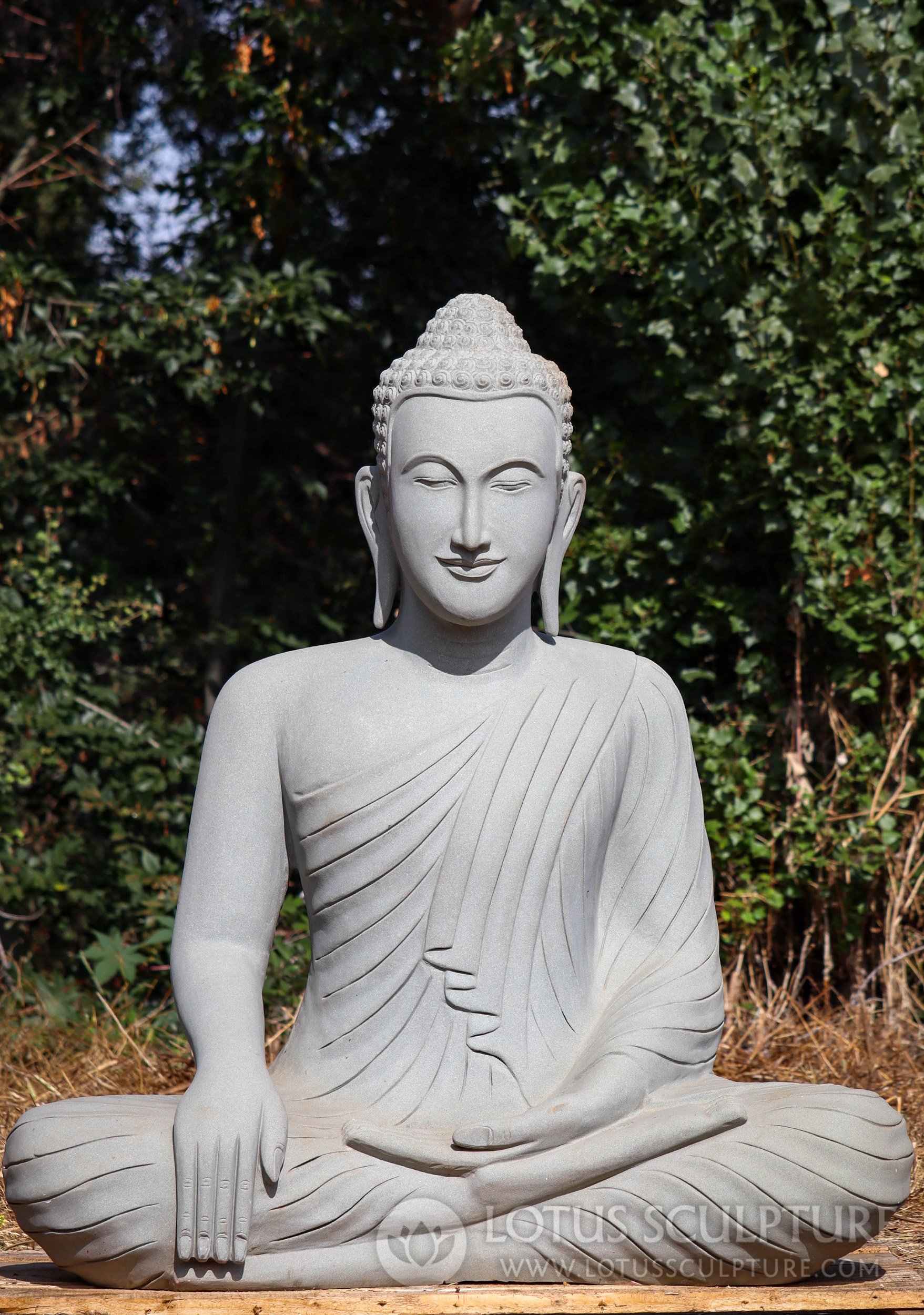 Buddha Garden Sculpture in Earth Touching Mudra Hand Carved in Cambodia from 1 Stone Block 53"