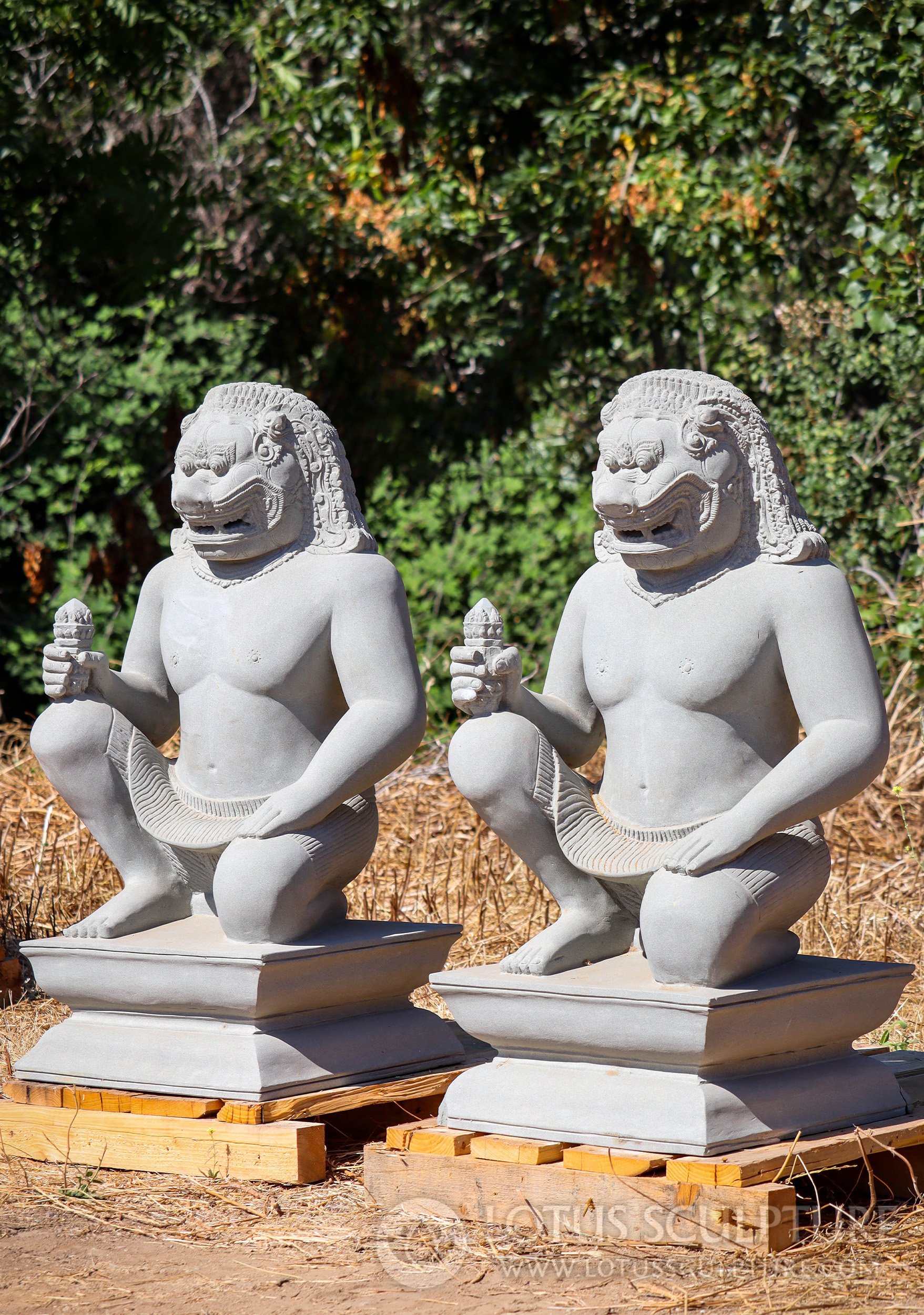 Majestic Pair of Large Cambodian Sandstone Dvarapala Statues, Hand-Carved 38"