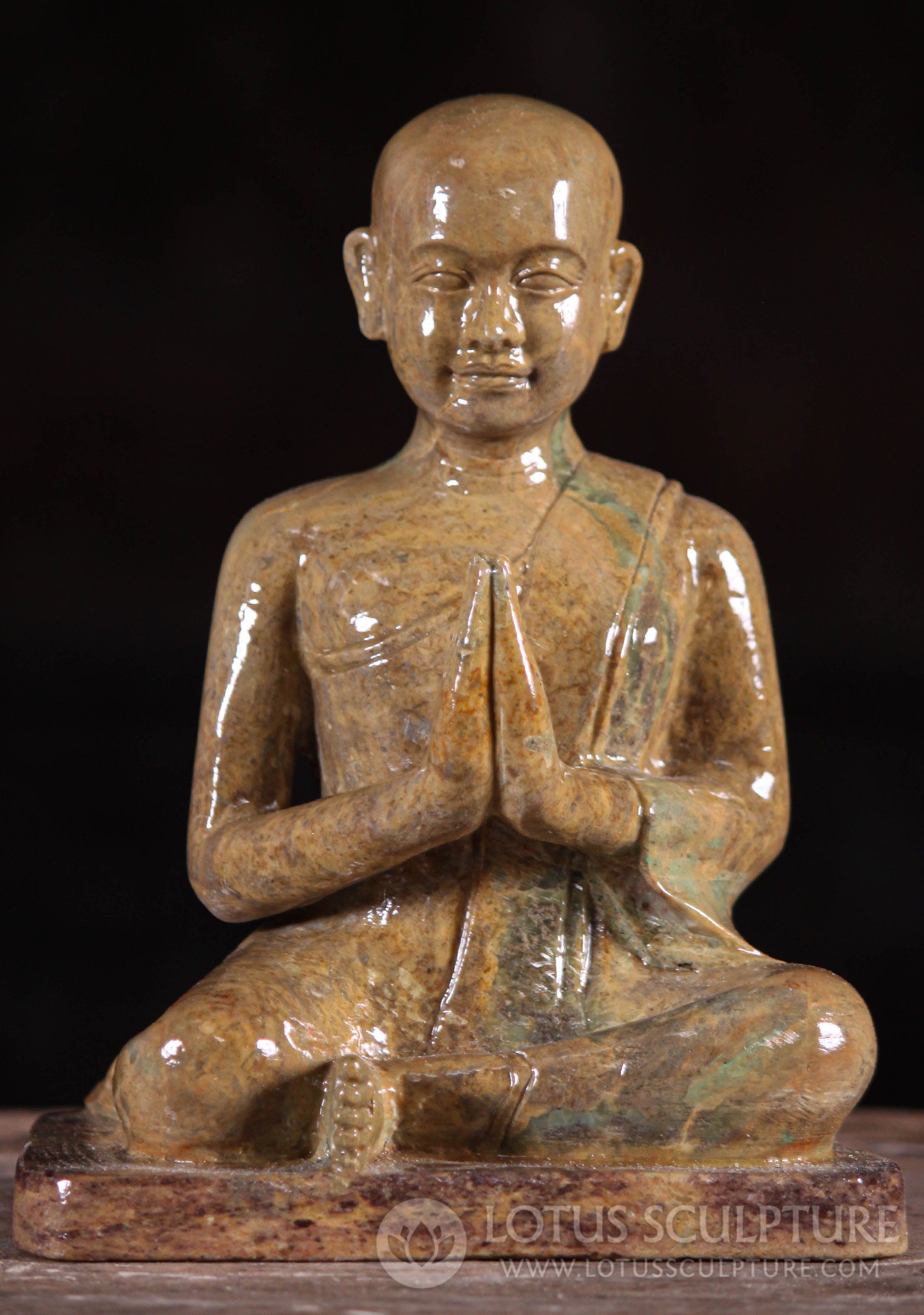 Cambodian Tmor Keo Spong Marble Monk Statue in Namaste Mudra 8.5"